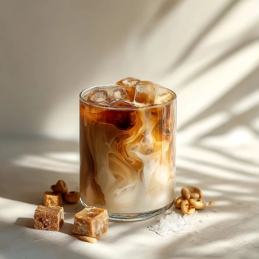 Iced nitro coffee with swirling milk and caramel chunks in a glass on a minimalist white table.