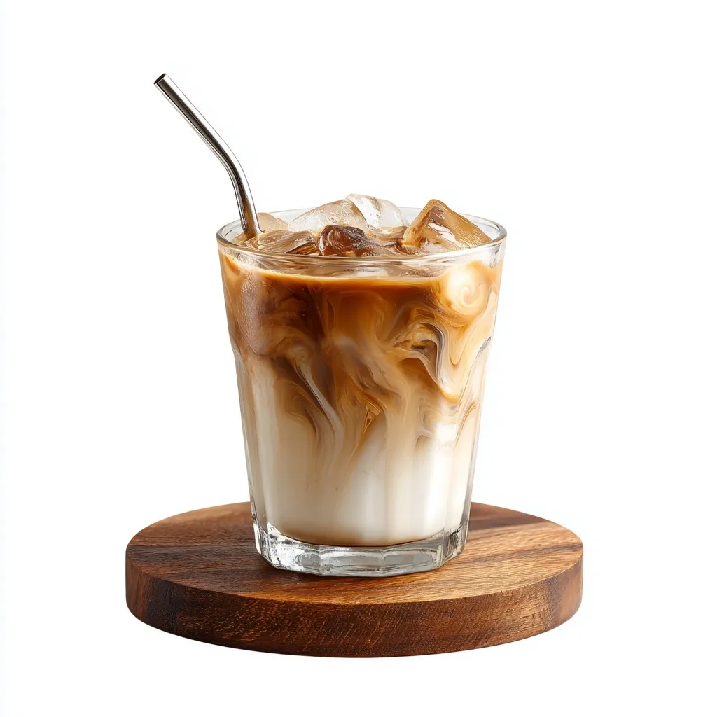 Iced nitro coffee latte with milk swirl in a glass cup on a wooden coaster isolated on a white background.