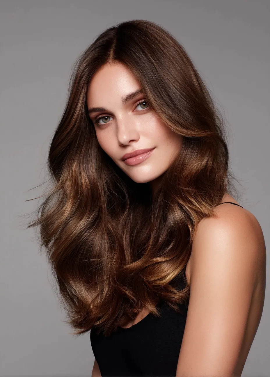 Model with long wavy ombre brown hair featuring caramel highlights, styled with volume against a gray background.