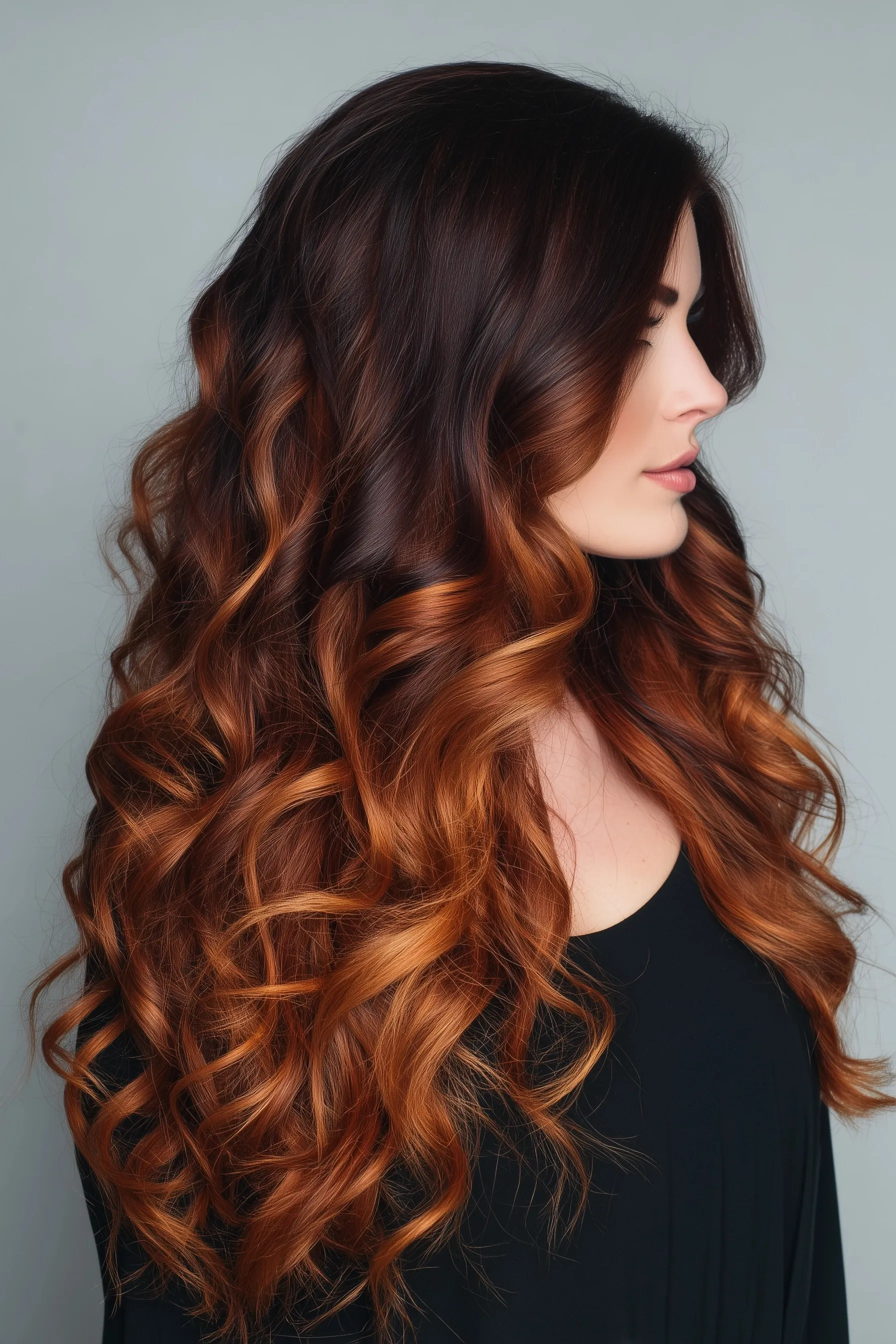 Vibrant copper balayage on dark brown hair with bouncy curls in warm, high-impact lighting.