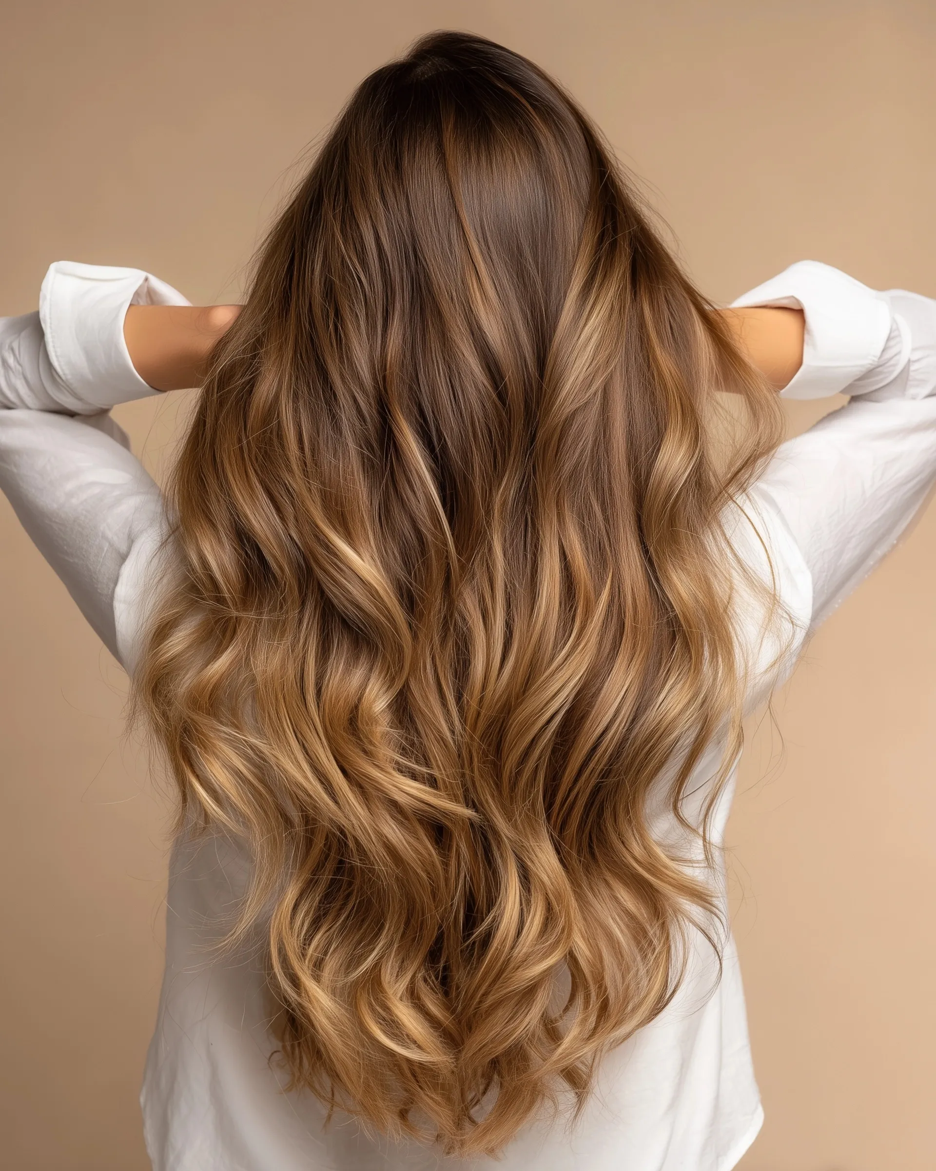 Back view of a beautiful woman with long wavy brown hair featuring caramel balayage, wearing a white shirt.
