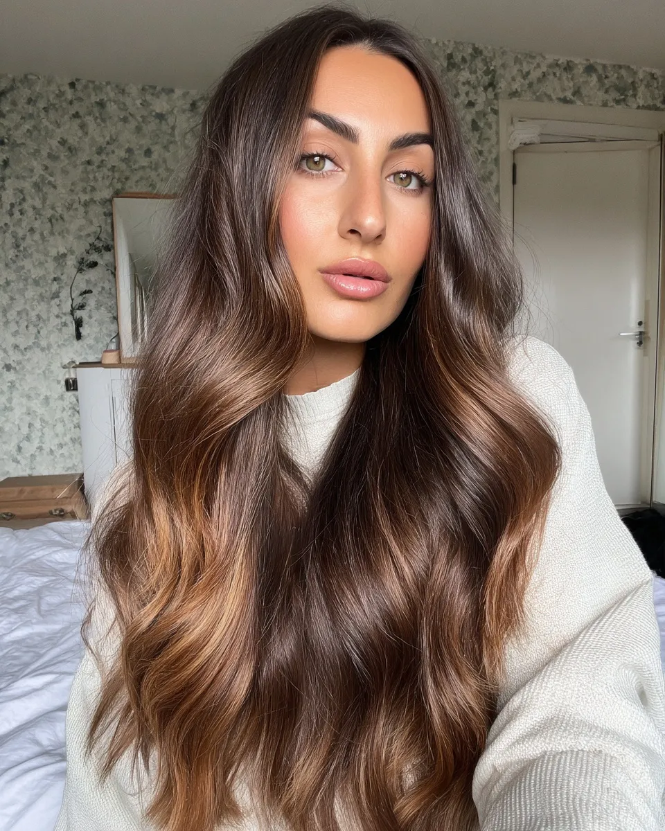 Long dark brown hair with honey caramel ombre and soft waves, captured in a realistic, high-shine home setting.