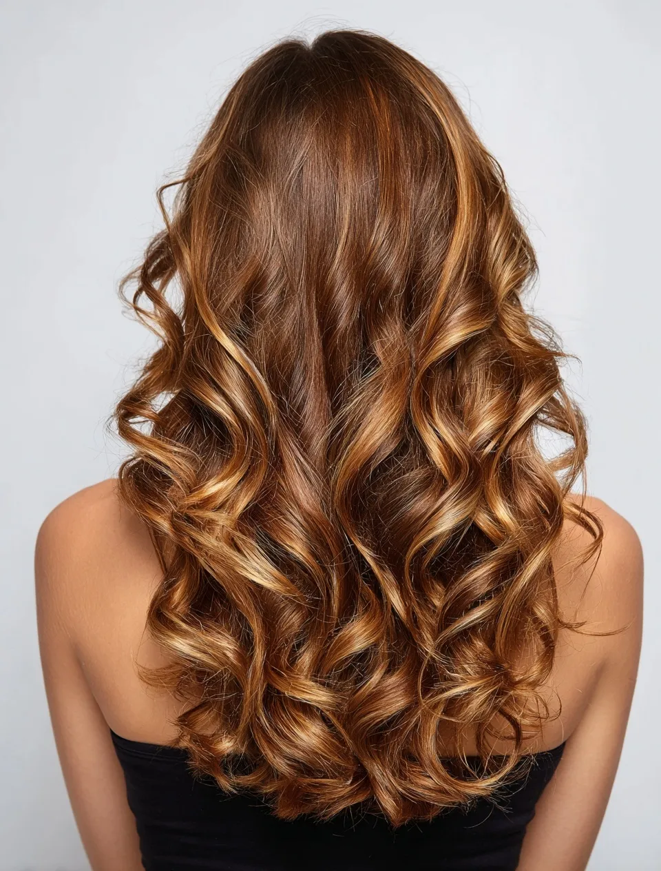 Back view of long, curly copper-brown hair with caramel blonde ombre highlights on a white background.
