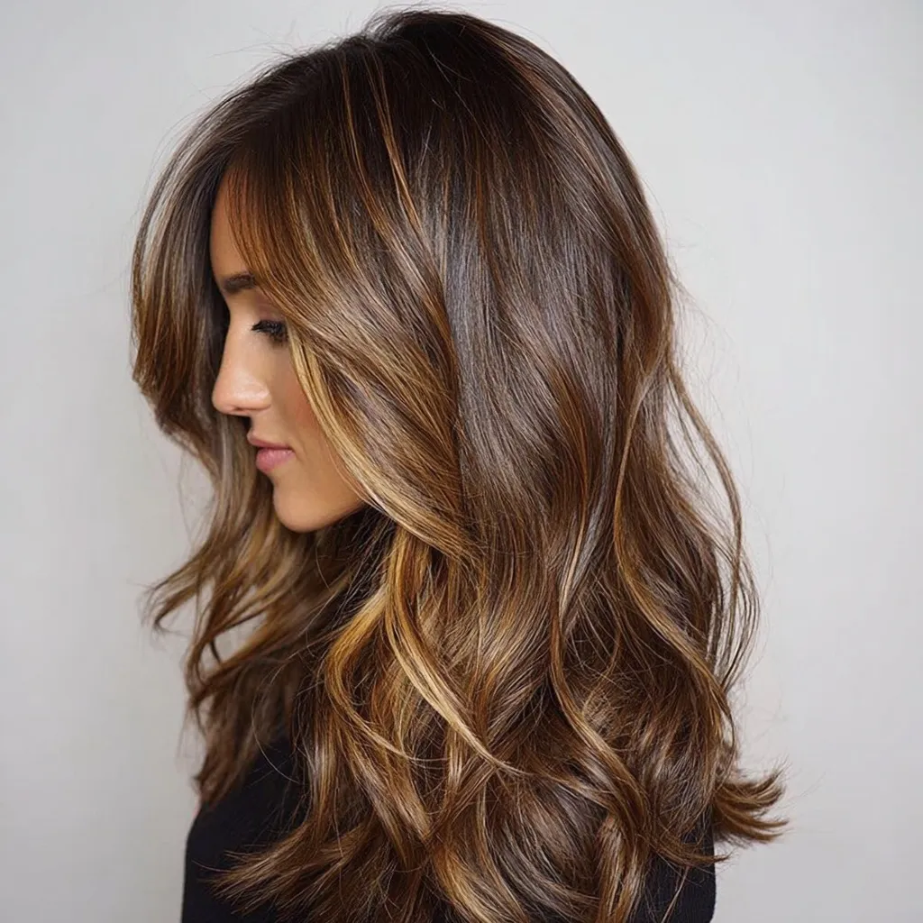 A stylish woman with long brown hair featuring soft caramel ombre highlights and natural wavy texture.