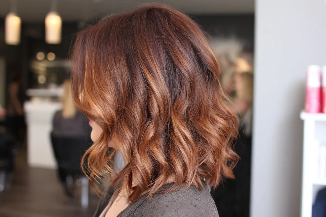Shoulder-length brown hair with caramel balayage highlights and tousled waves on a woman with light skin.