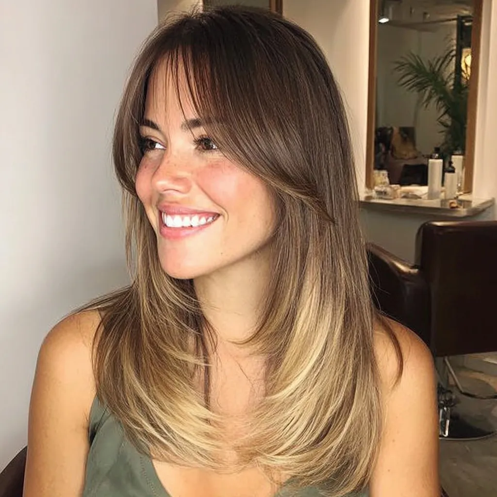 A smiling model with layered ombre brown to caramel hair in a salon chair, featuring a stylish gradient transition.