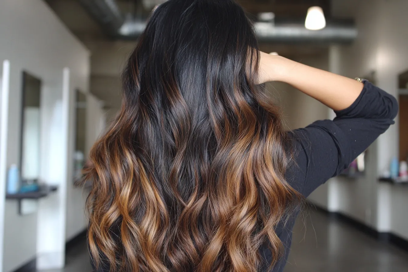 Long black hair with caramel balayage highlights and soft waves, styled at a salon.