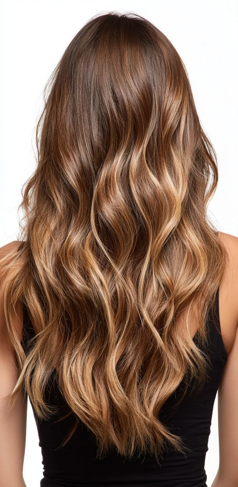 Back view of woman with long wavy brown hair featuring honey-blonde caramel balayage against a neutral background.