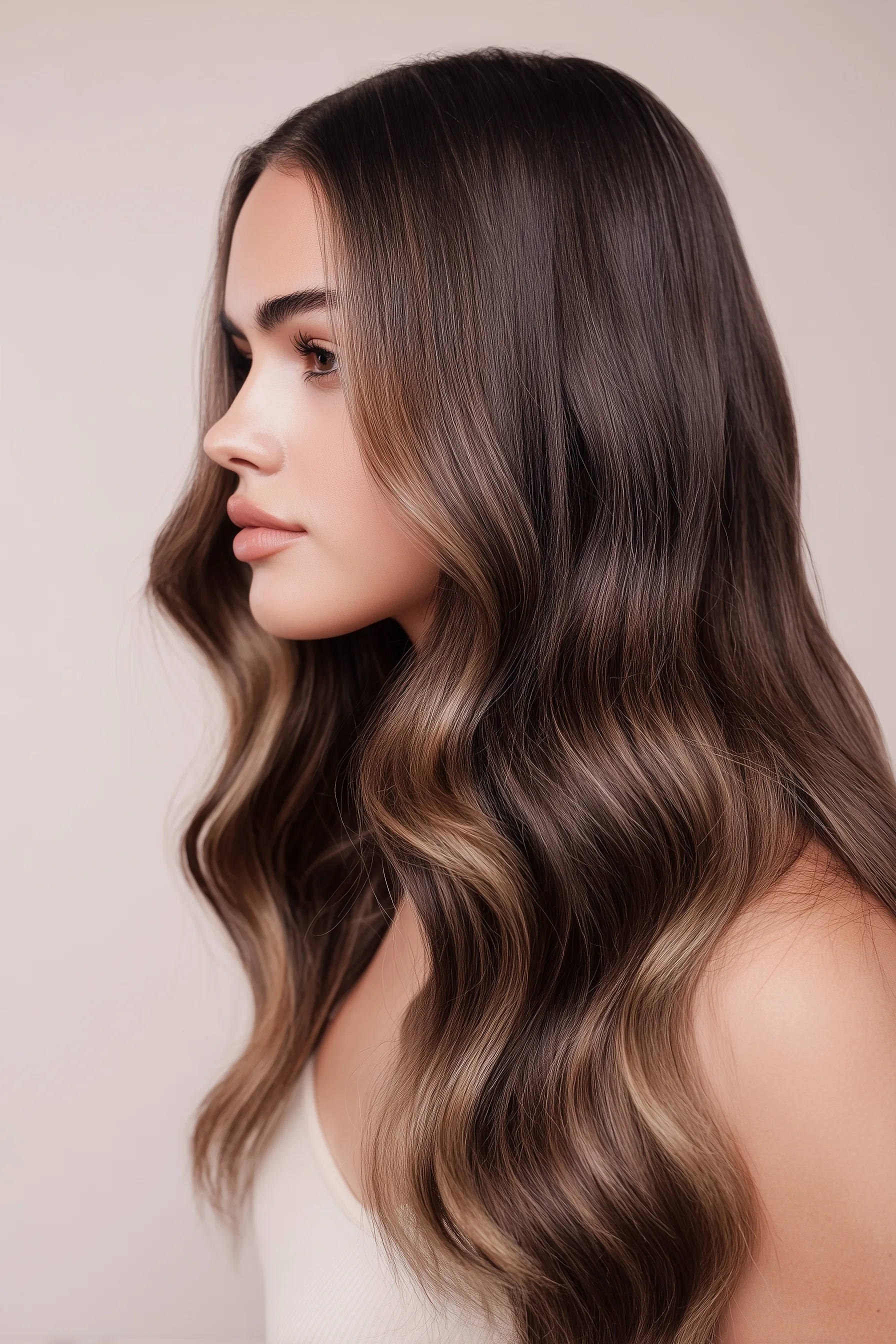 Side profile of a woman with long, silky brown balayage hair featuring warm caramel tones and soft waves.