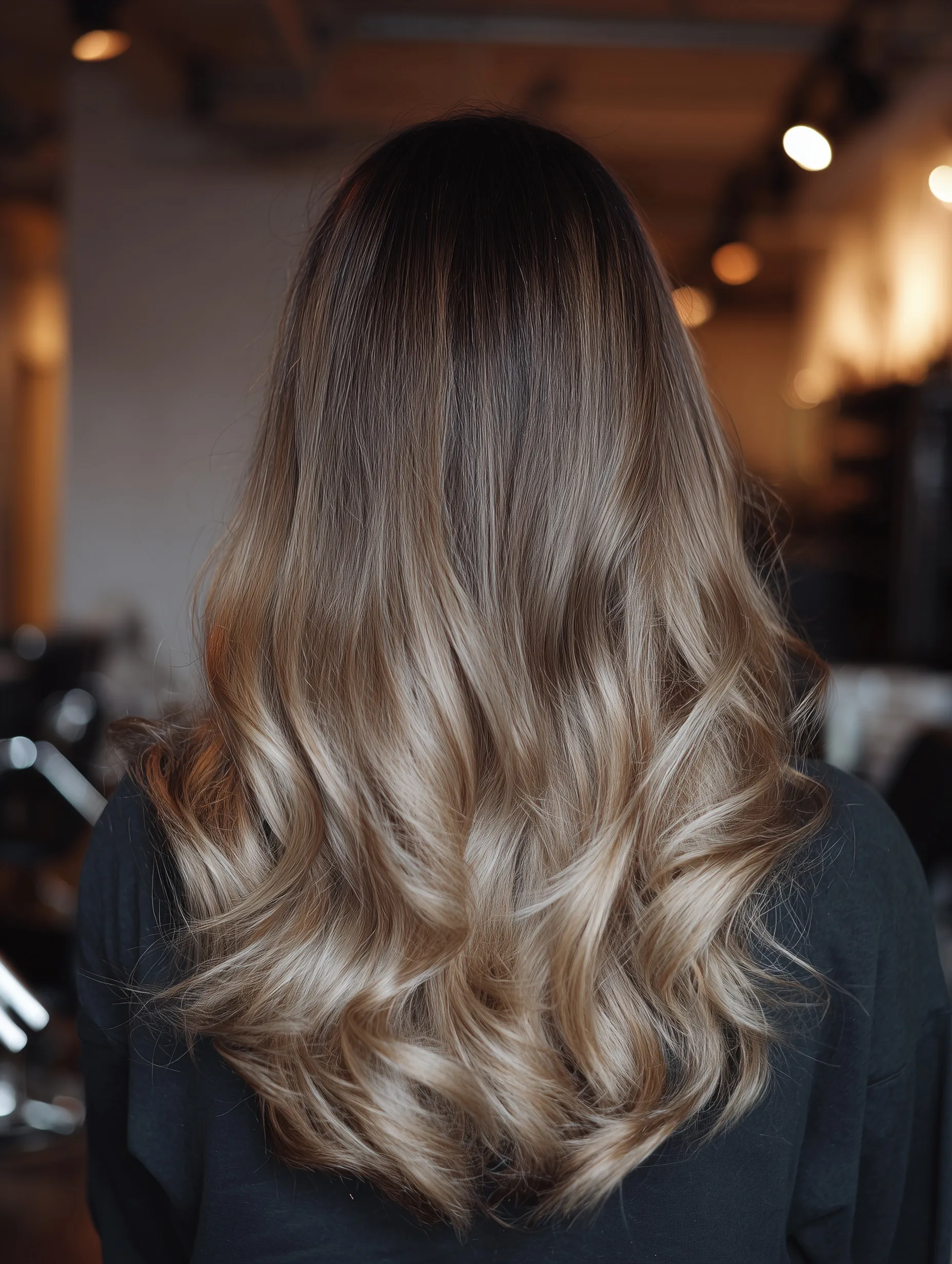 Close-up of milk tea ombre brown hair with caramel and ashy blonde highlights and curled ends in a salon.