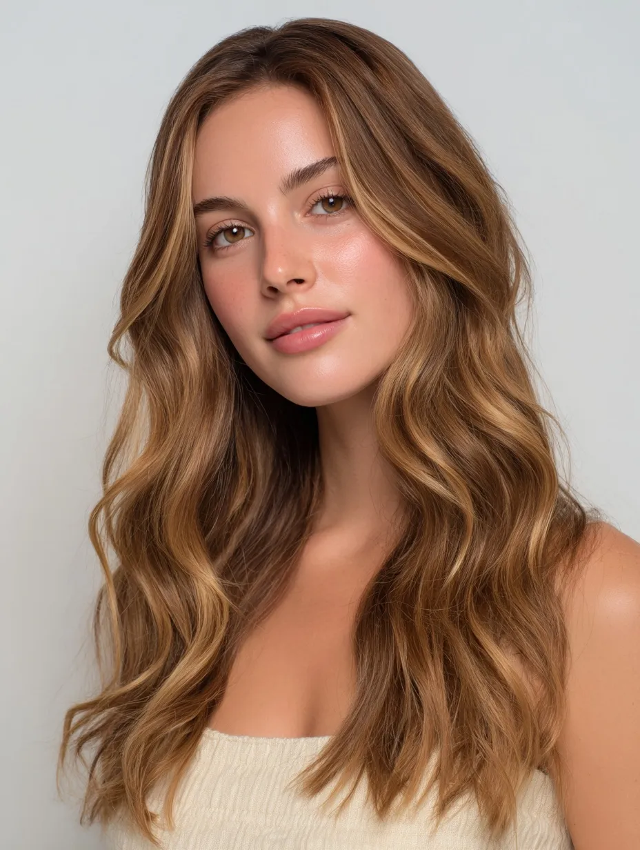 American woman with long wavy caramel ombre balayage hair featuring chestnut brown and blonde highlights.