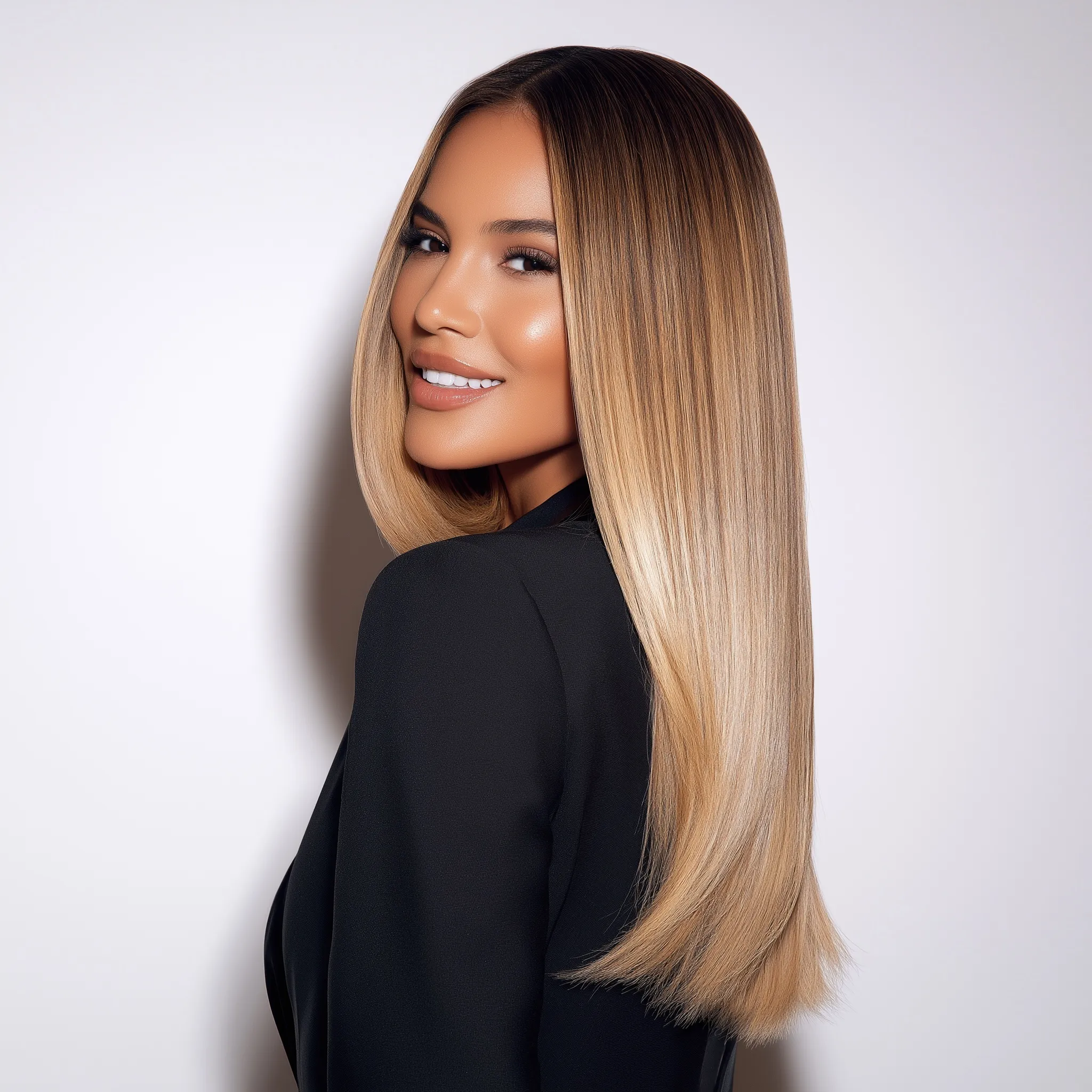 Dominican model with waist-length honey blonde balayage ombre hair and shadow roots posing against white background.
