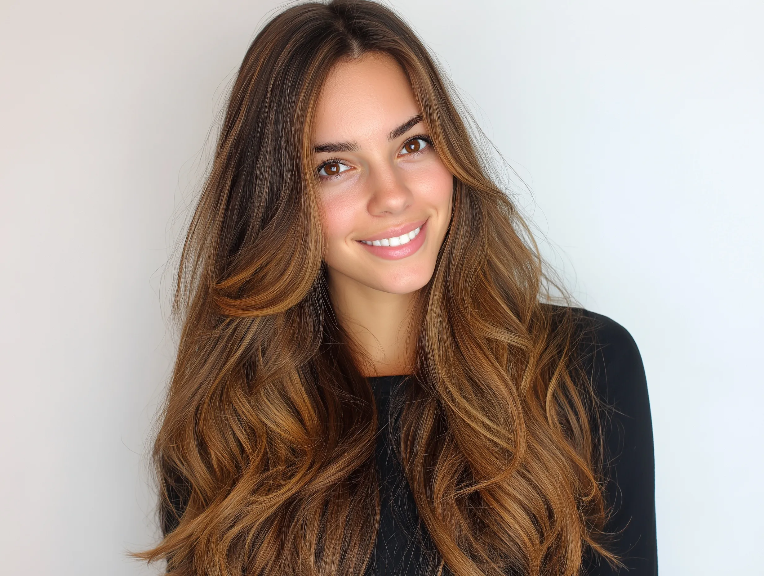 Young woman with long, shiny brown ombre hair and caramel balayage waves in a professional studio setting.
