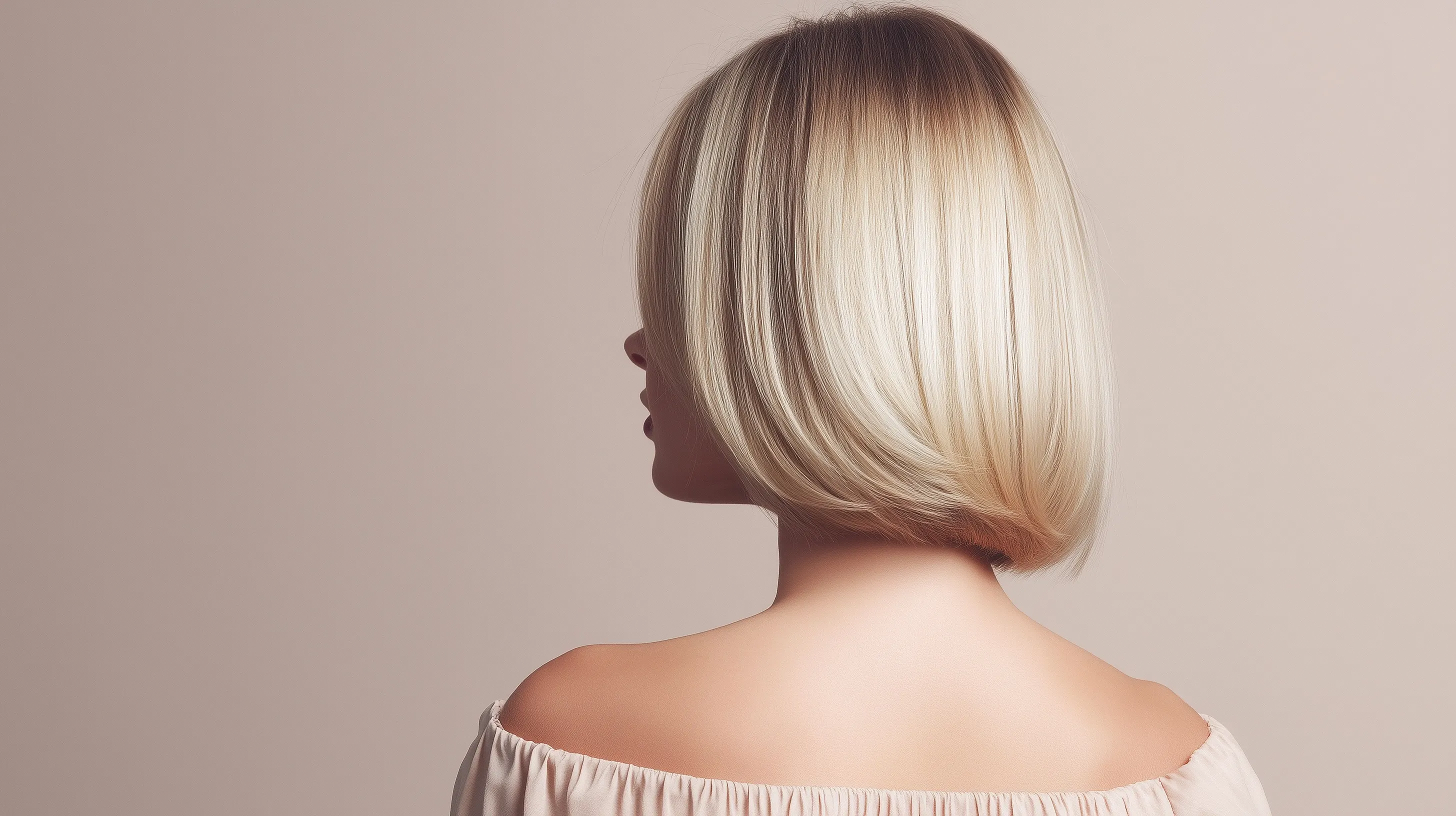 Back view of a woman with a sleek, blonde ombre bob haircut and professional hair styling.