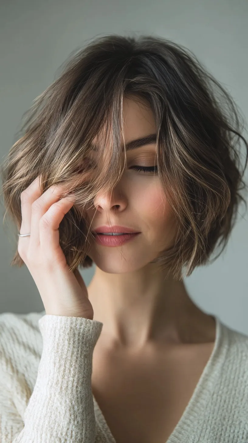 Charming woman with a tousled short ombre bob featuring deep brown base and mocha highlights, natural lighting.