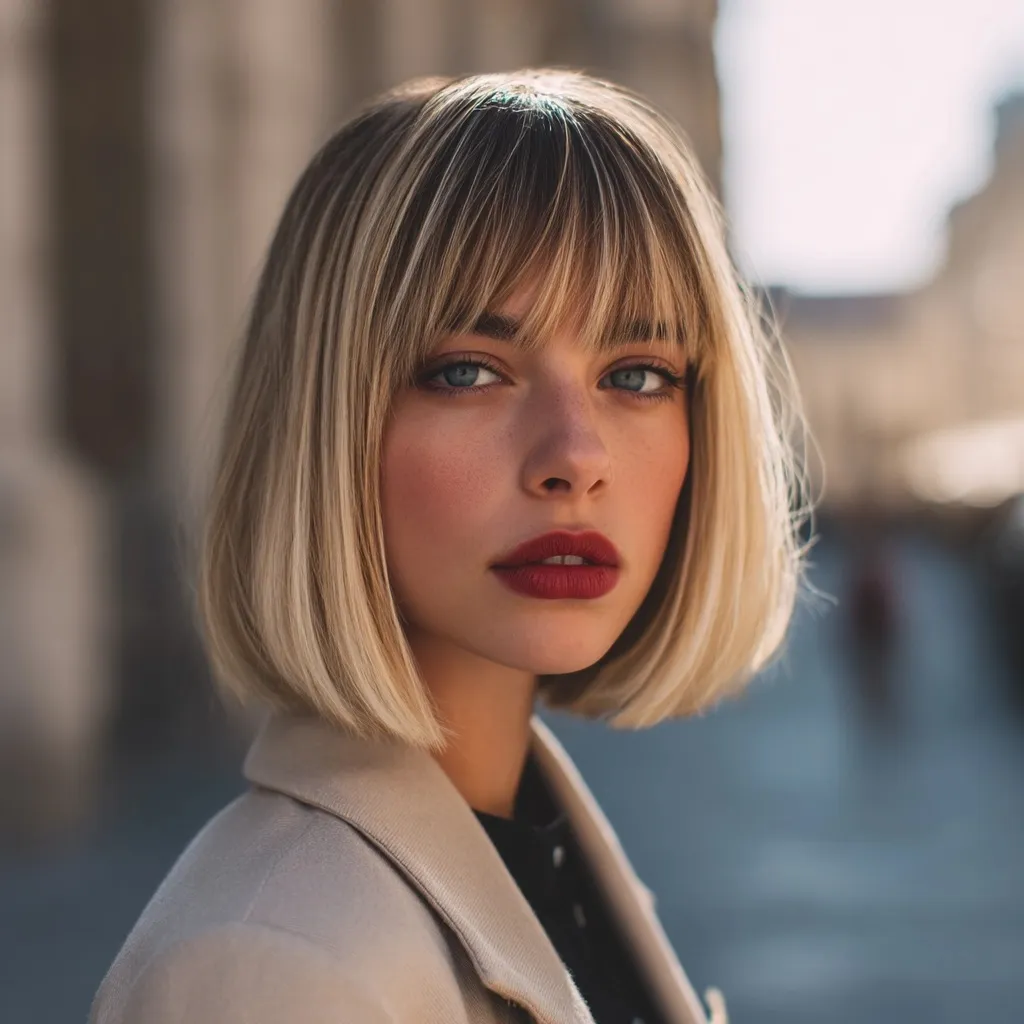 German model with a stylish dark brown to blonde ombre short bob haircut standing on a city street.