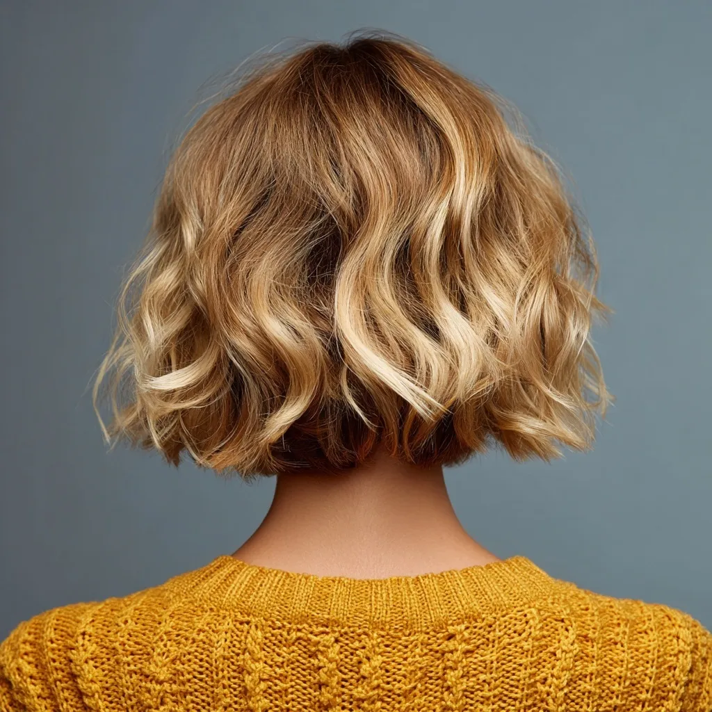 Back view of a short blonde bob hairstyle with ombre highlights and natural styling on a neutral background.