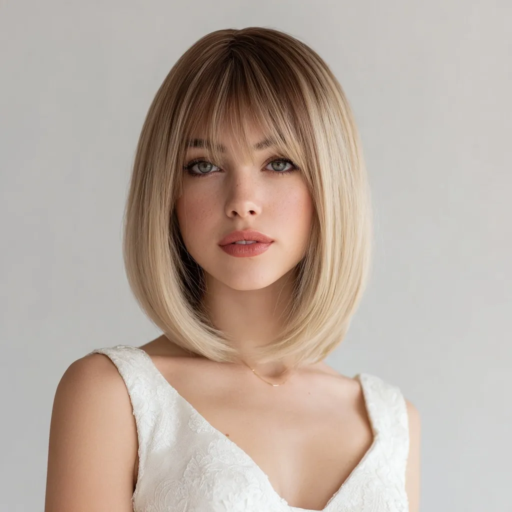 American woman wearing an ombre honey blonde 12-inch straight bob lace-front wig with bangs in a bright cafe.