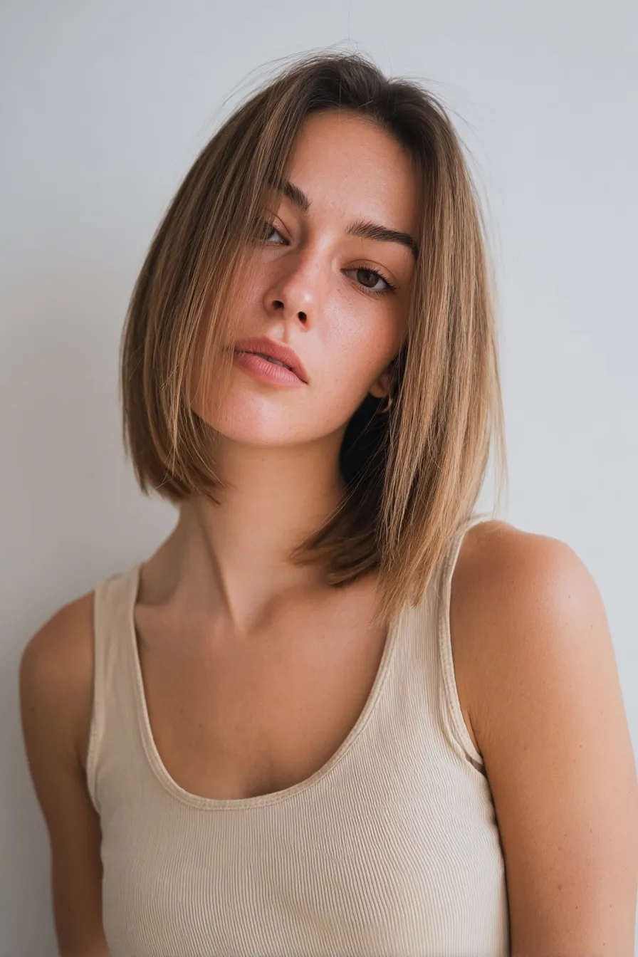American model with a stylish straight asymmetrical ombre bob haircut posing against a seamless white background.