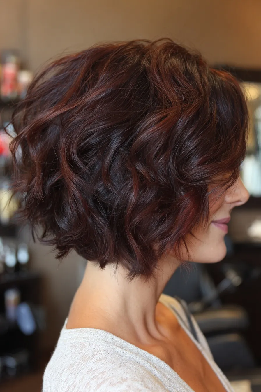 Happy older woman with a dark mahogany ombre short wavy bob haircut taken in a bathroom selfie.