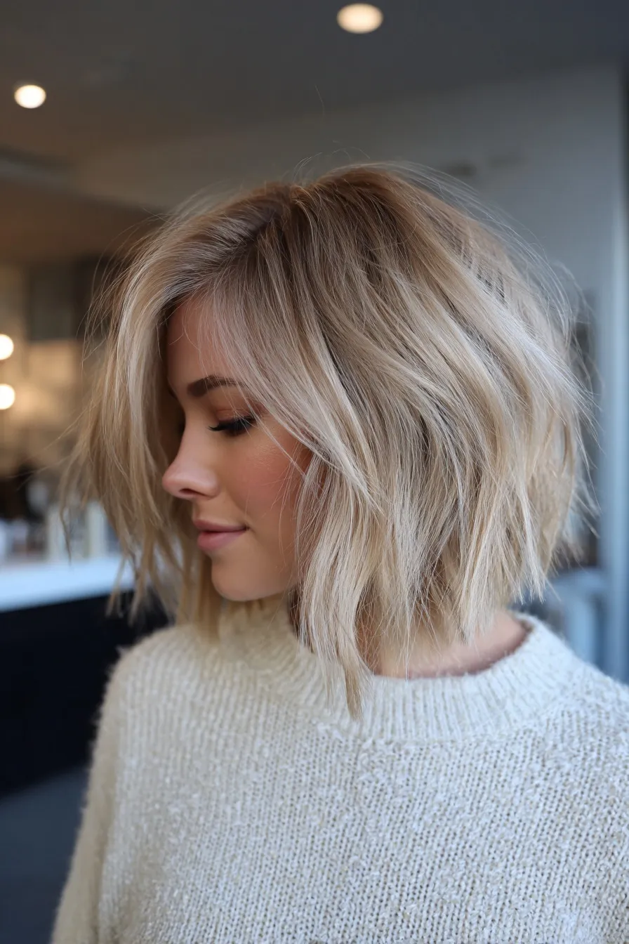 Side view of a happy woman with a messy ash pearl blonde lob haircut in a hair salon.