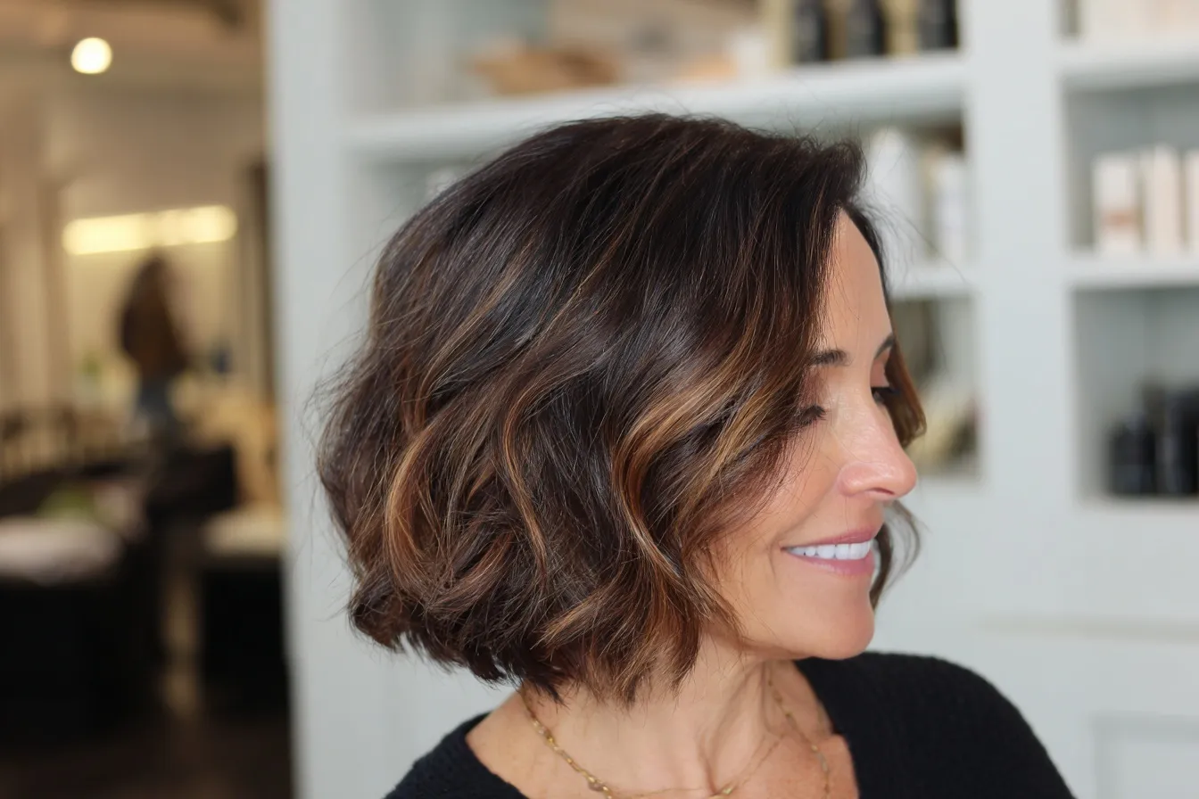 A Hispanic woman with a wavy, short brunette ombre bob featuring choppy ends, styled in a salon.