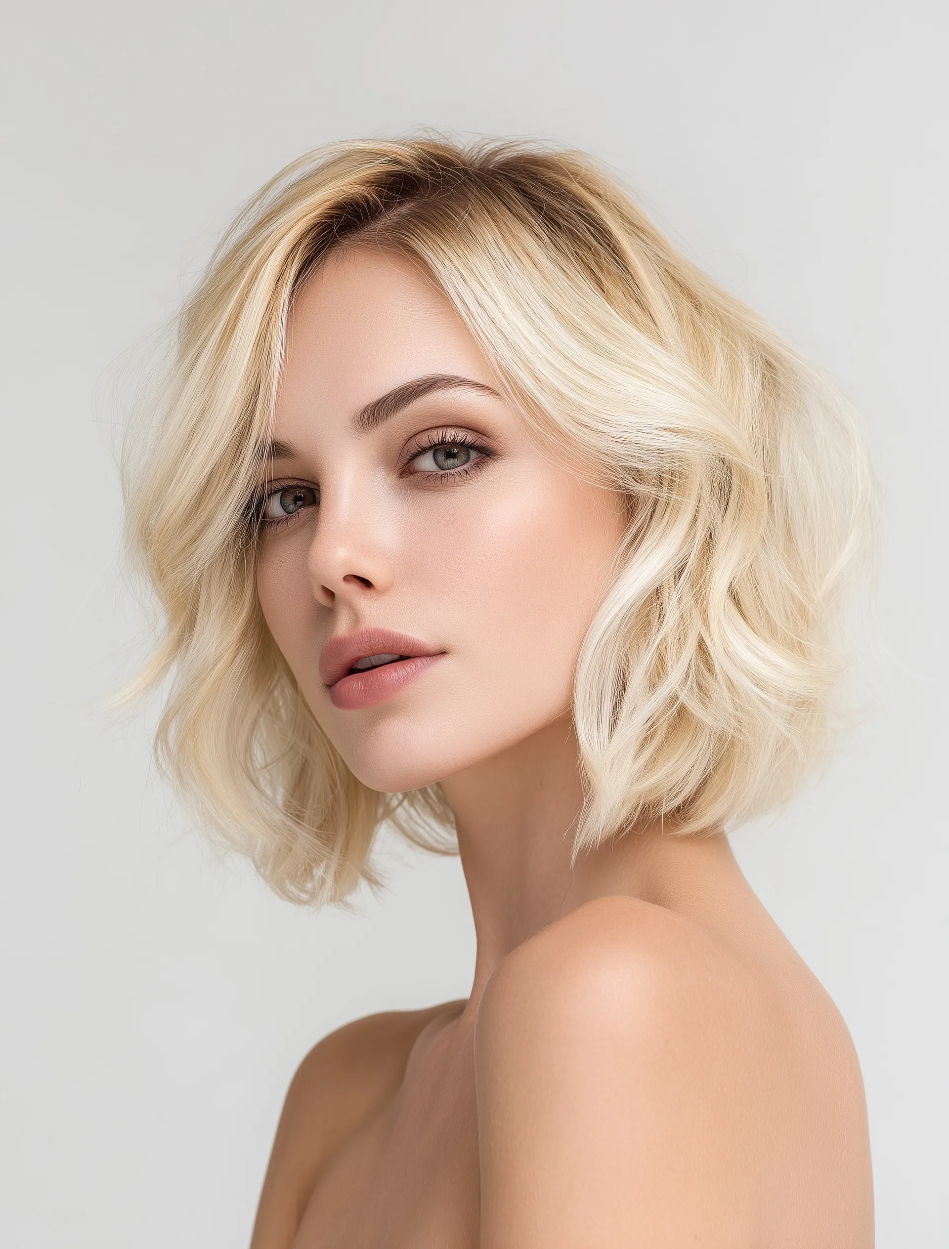 A beautiful woman with a blonde wavy ombre bob haircut posing against a bright neutral background.