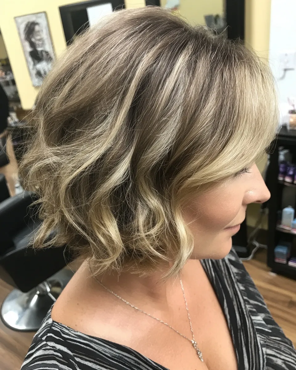 A stylish short bob haircut with sandy blonde ombre highlights on a tanned woman in a salon setting.