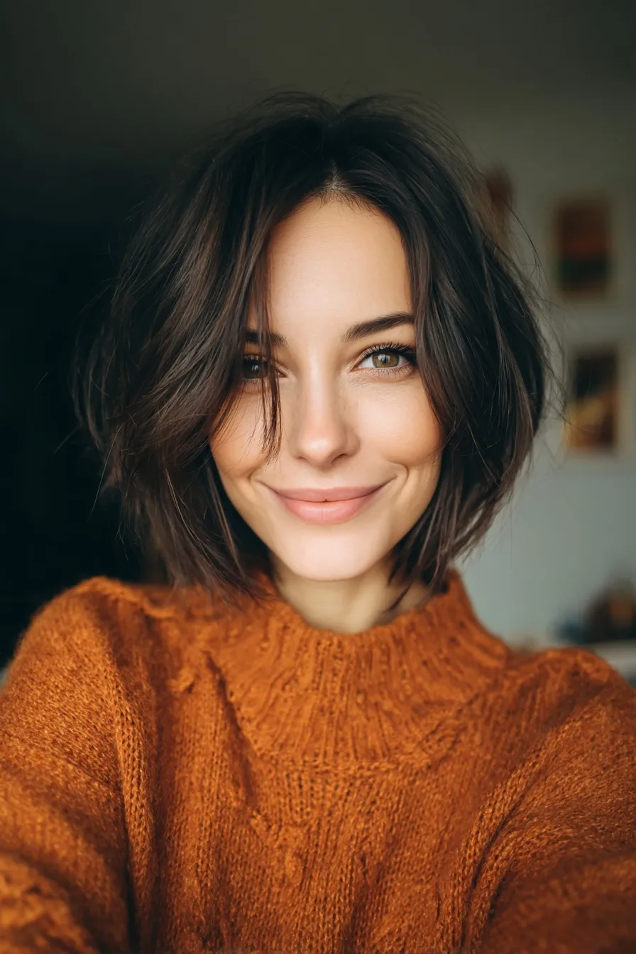 A happy woman with a modern espresso brown layered bob hairstyle posing for a selfie in a bedroom.