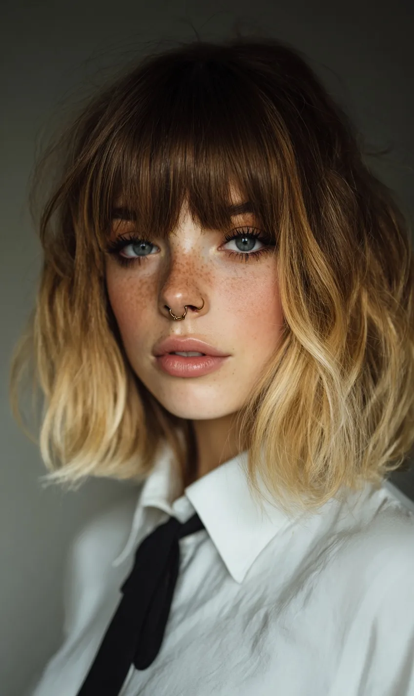 Stylish woman with brown to blonde ombre bob wig, bangs, and white shirt posing for an Instagram portrait.