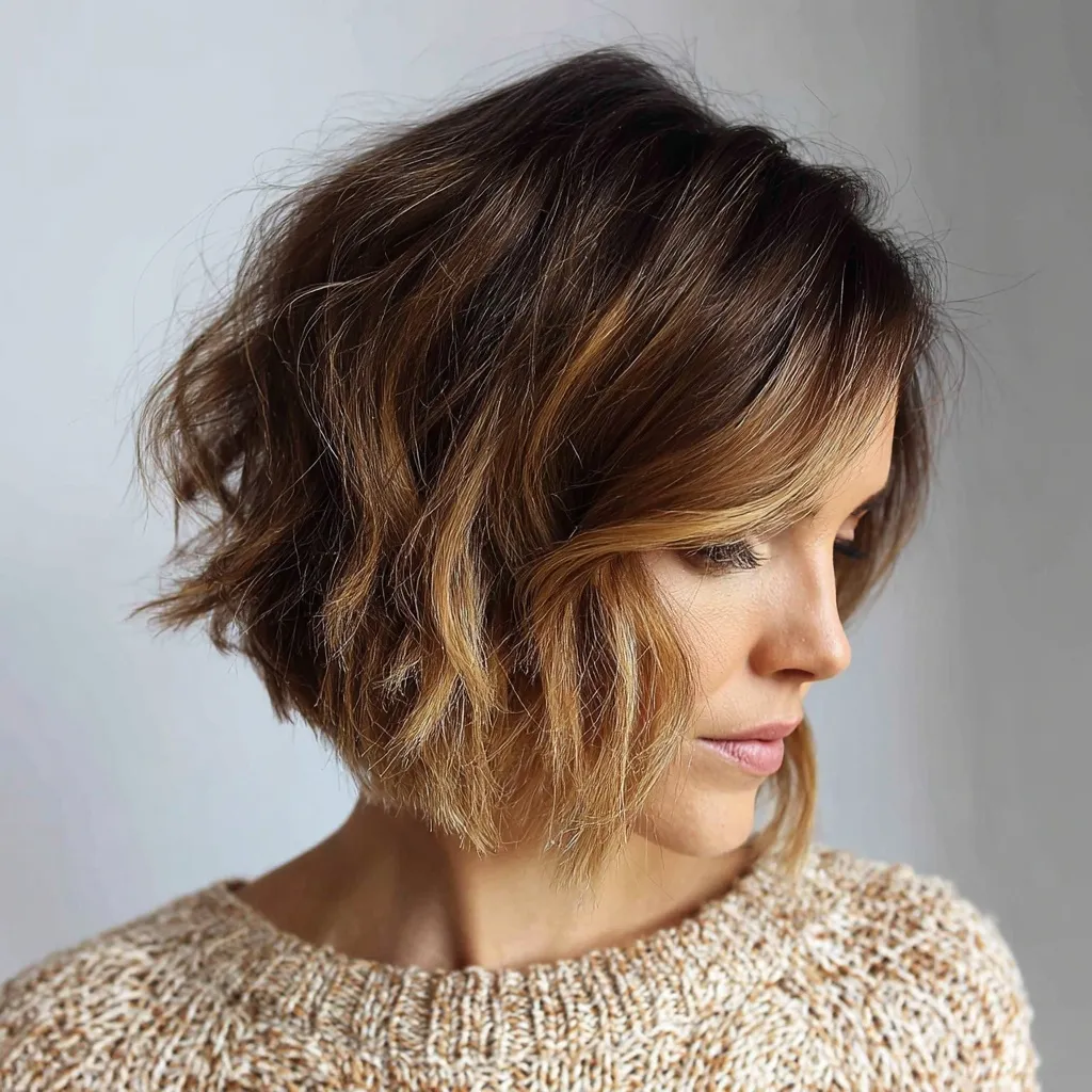 Stylish woman with a trendy short layered bob haircut featuring smooth ombre color transitions.