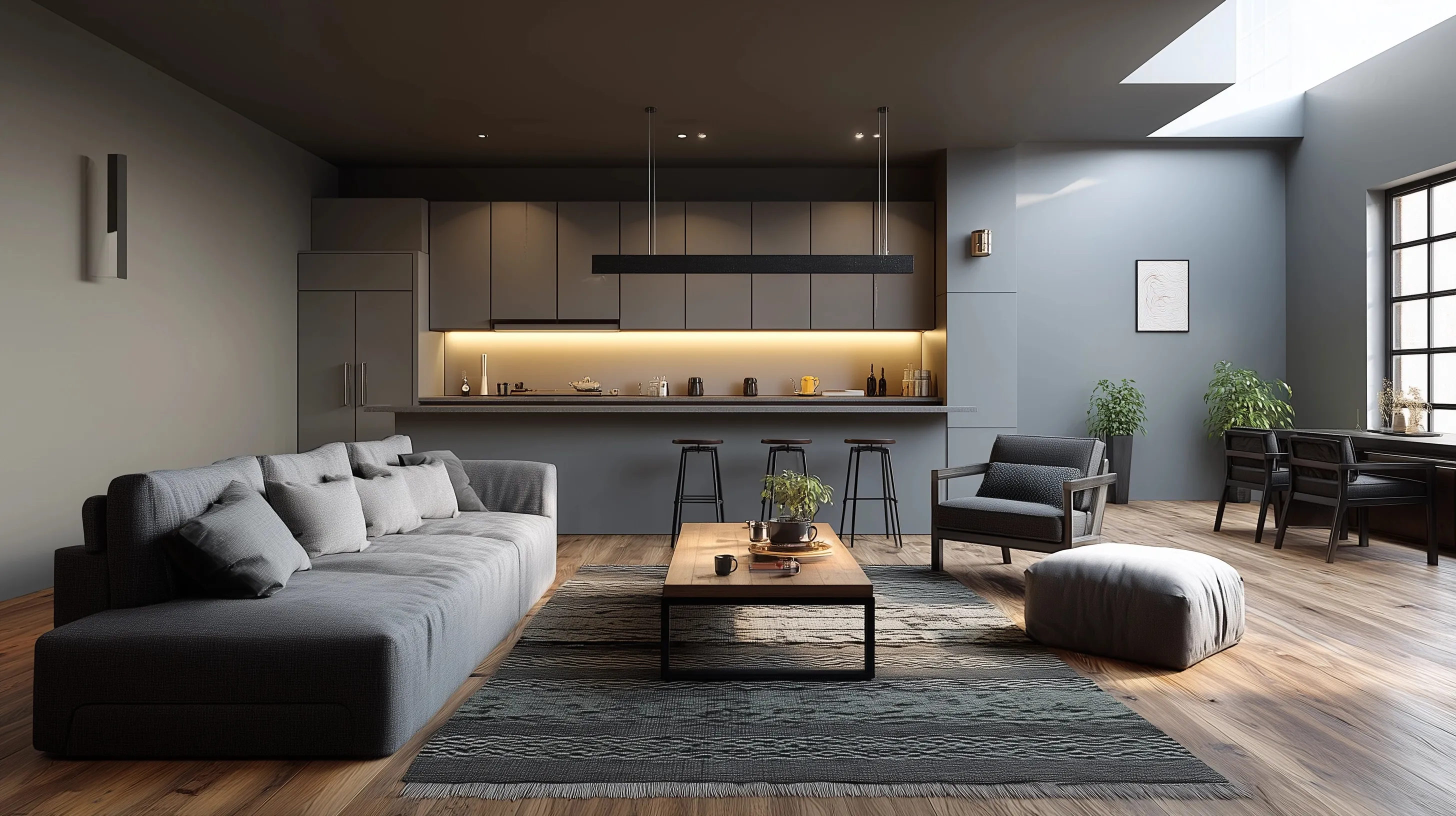 Minimalist modern open-plan living room and kitchen interior with gray decor and wooden flooring.