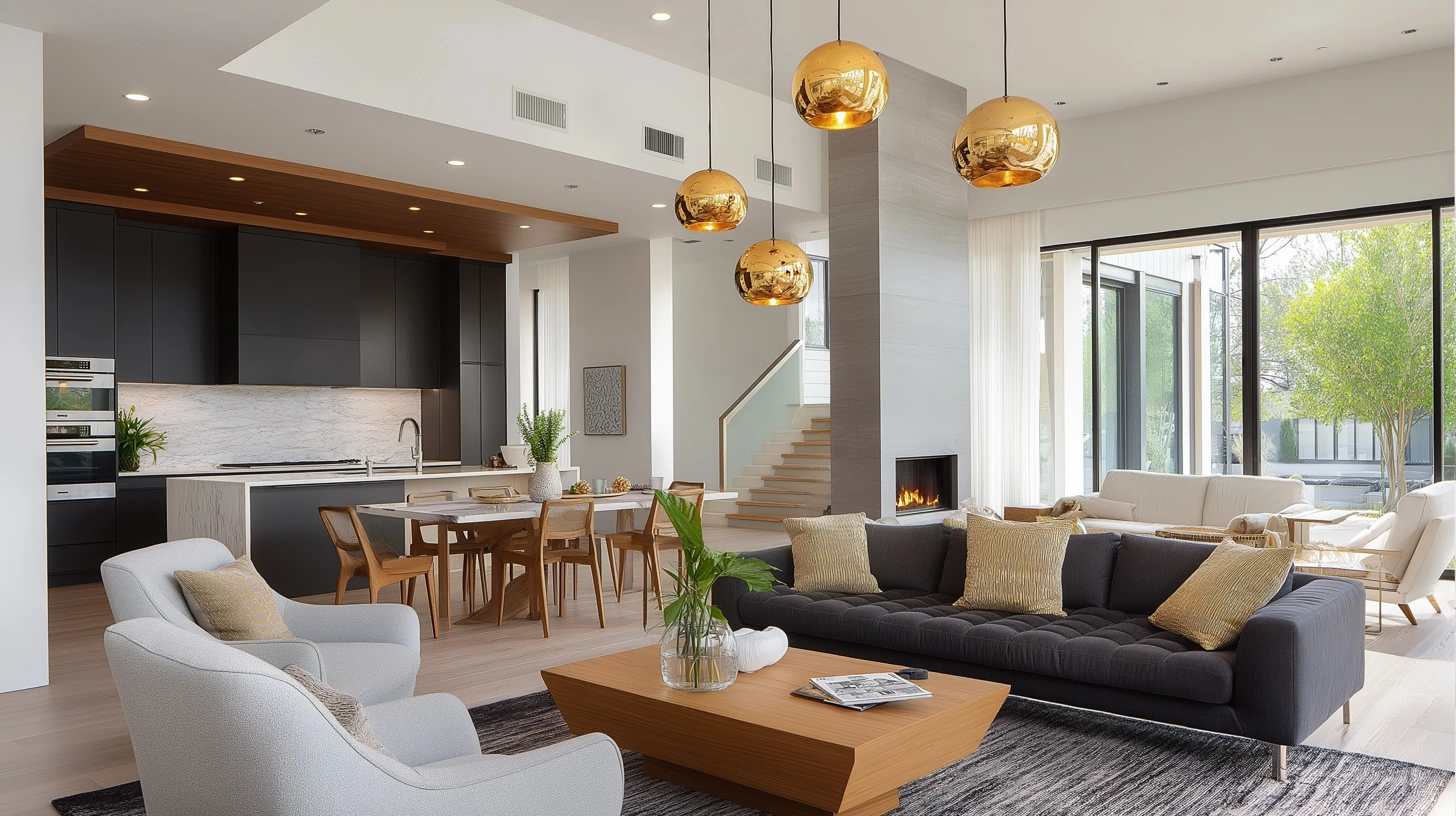 Modern open concept kitchen and living room interior with contemporary home design trends and natural lighting.