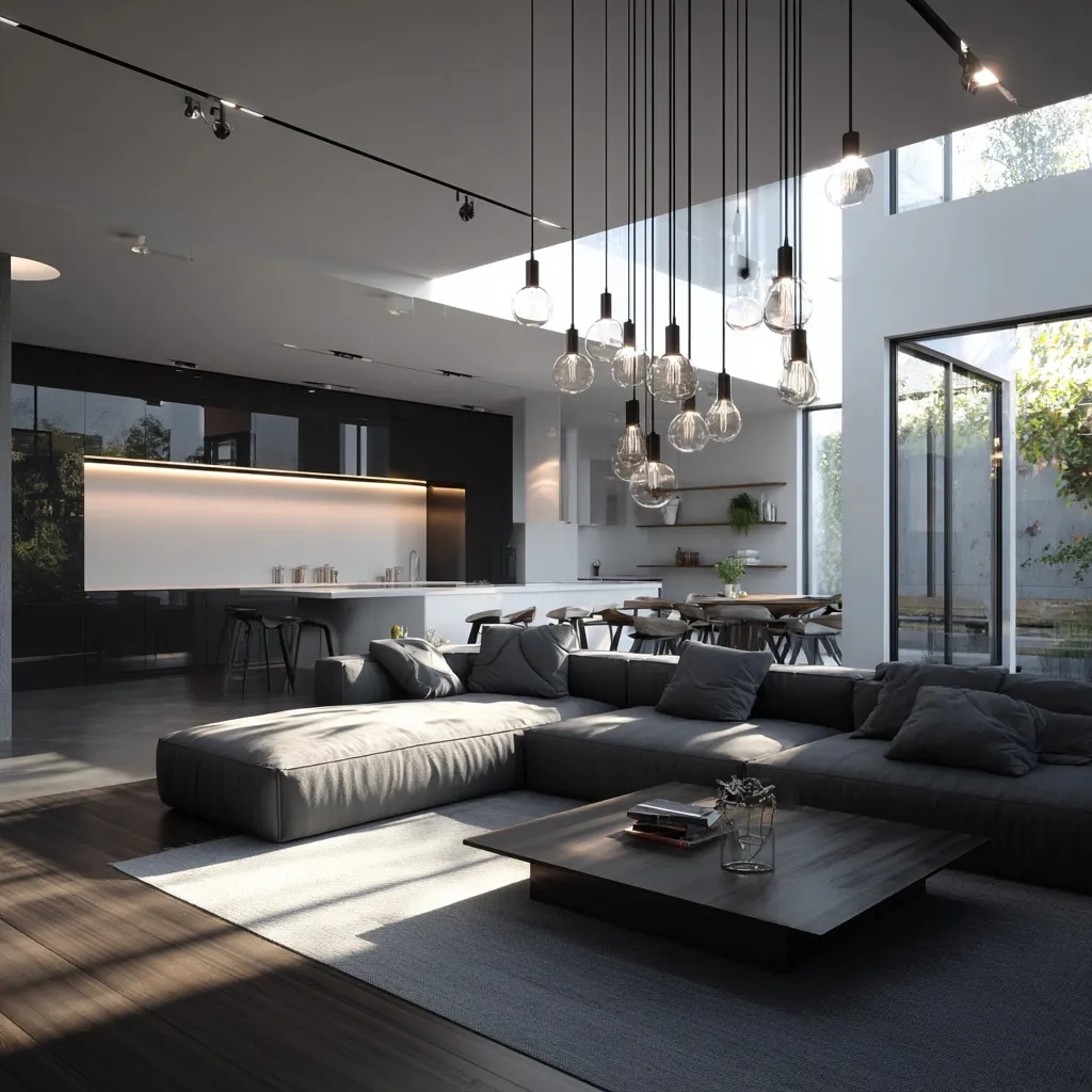 Minimalist open kitchen and living room interior with modern glass accents, natural lighting, and linear lighting.