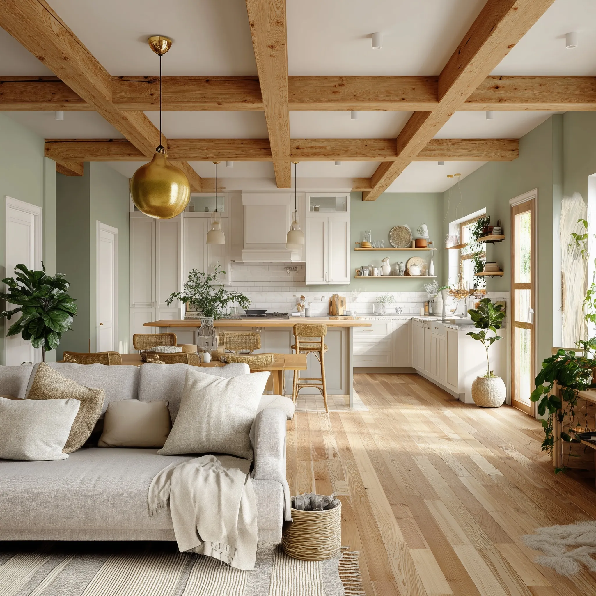 Boho open-plan kitchen and living room with pastel walls, wooden beams, a kitchen island, and cozy decor.