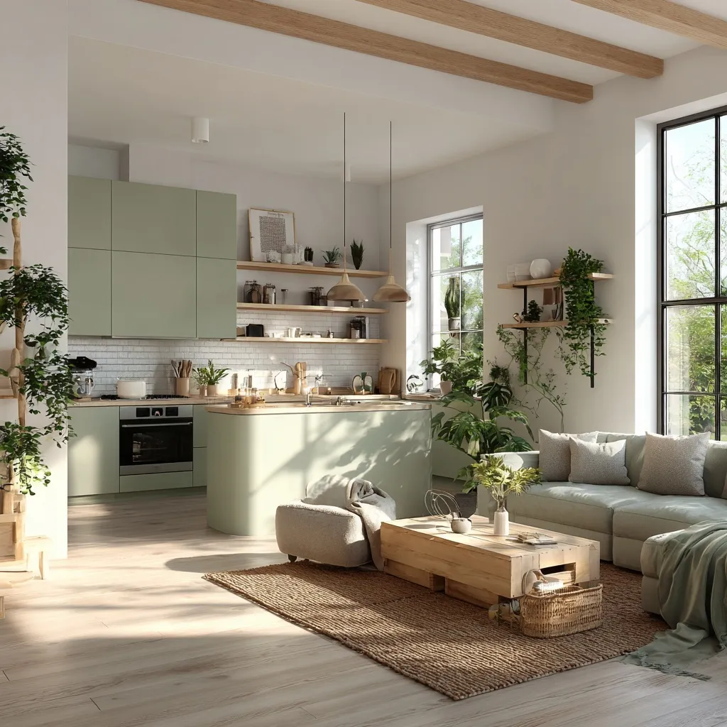 Modern open-concept kitchen and living room with sage green cabinets, light wood furniture, and natural sunlight.