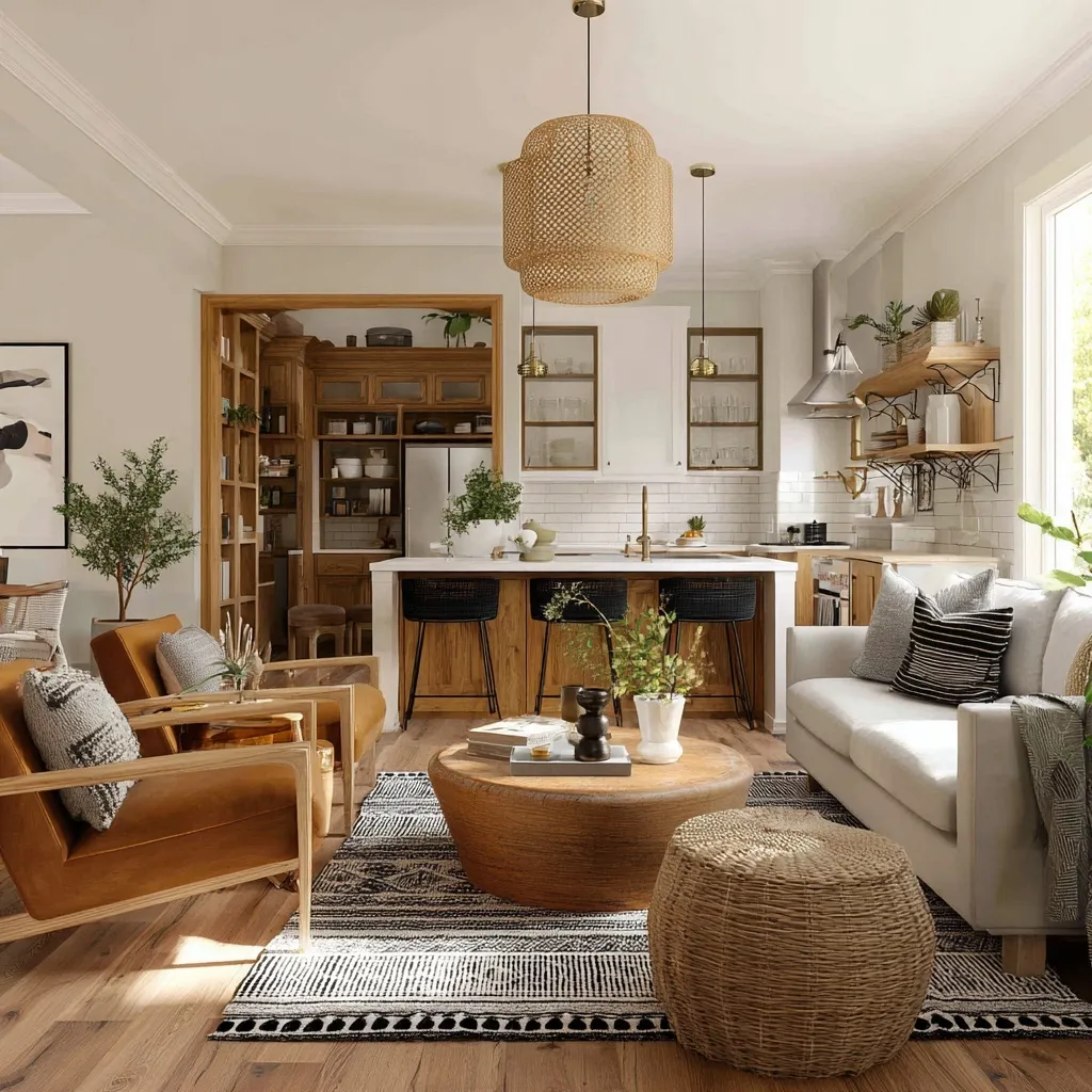 Modern open-concept townhome kitchen and living area with luxury Amber Lewis inspired interior design.