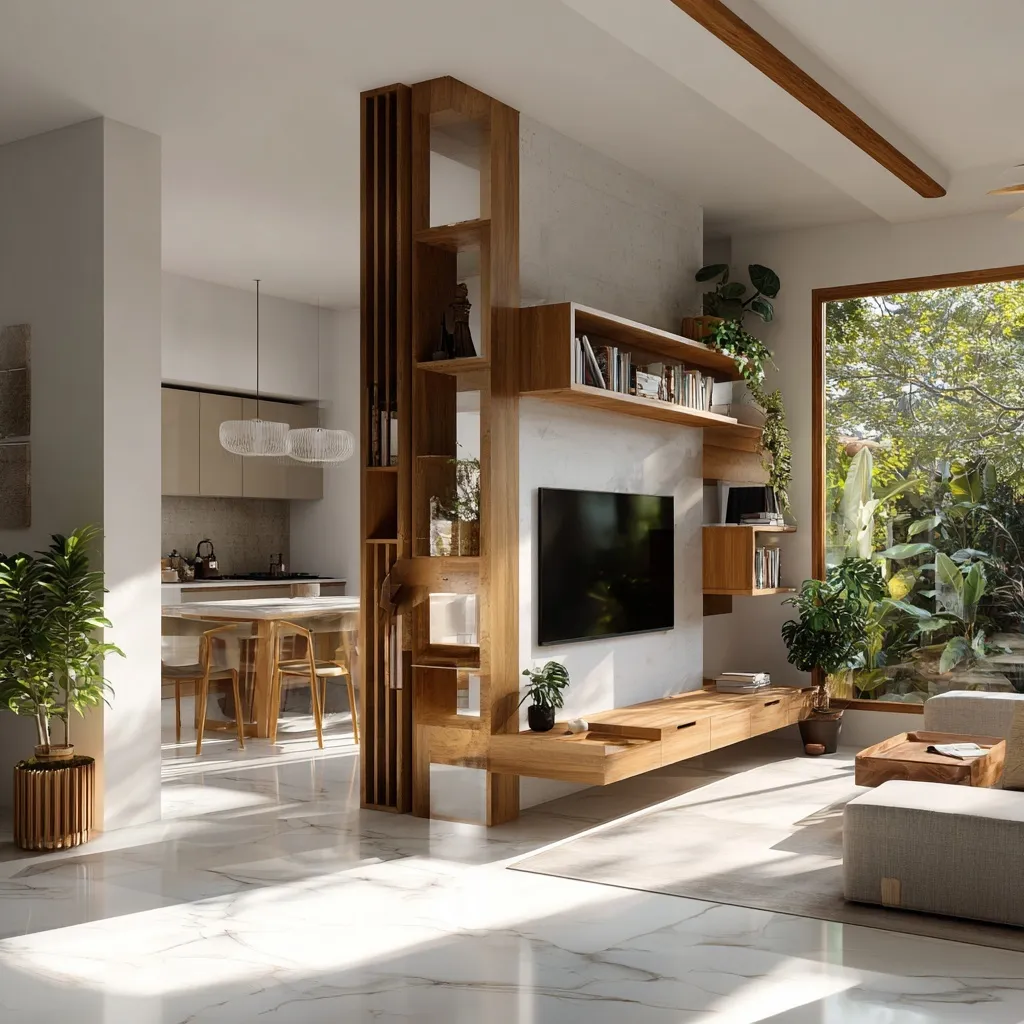Modern open kitchen with a minimalist TV unit separator, natural wood materials, and bright natural daylight.