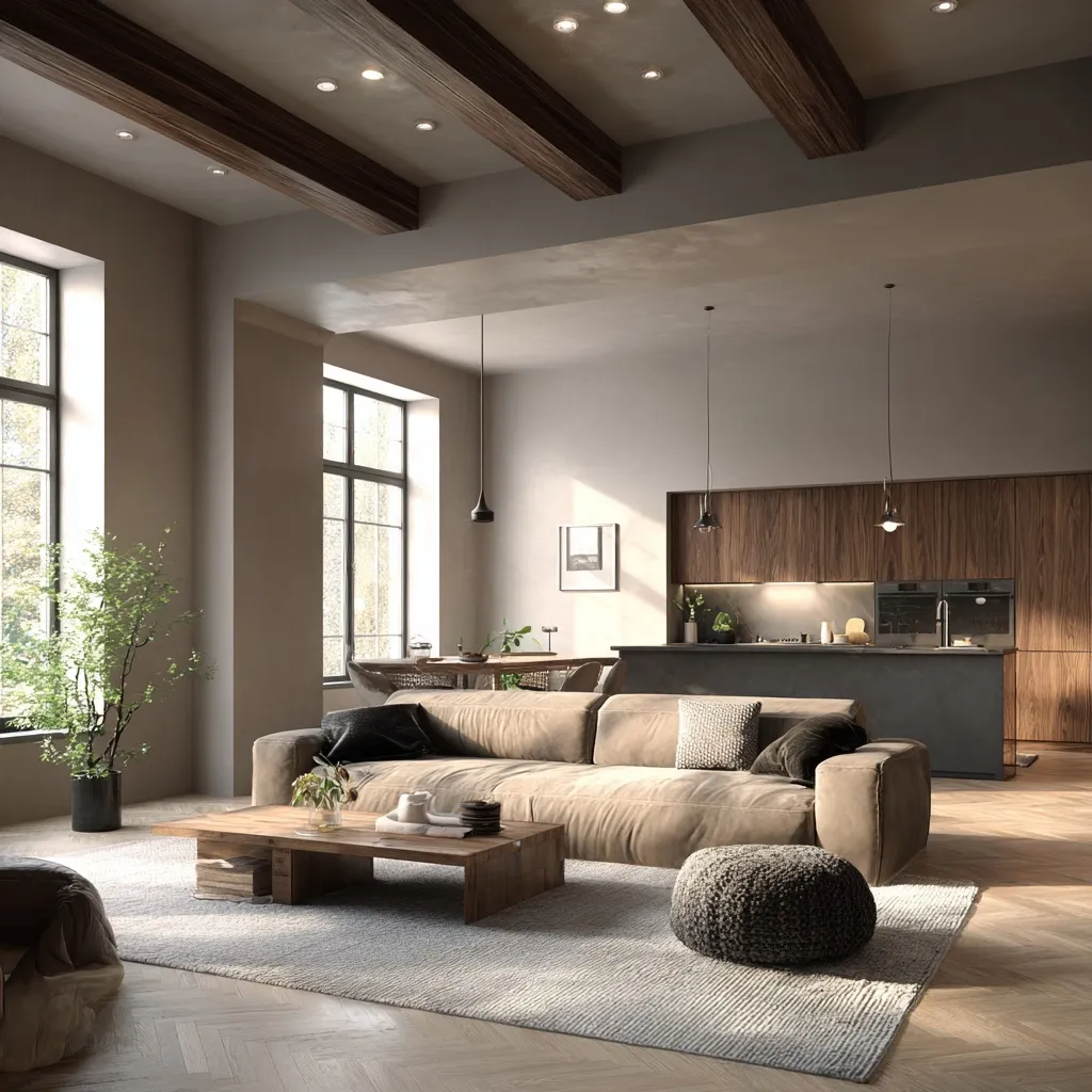 Modern open-concept kitchen and living room featuring Sahara tones, walnut wood accents, and natural sunlight.