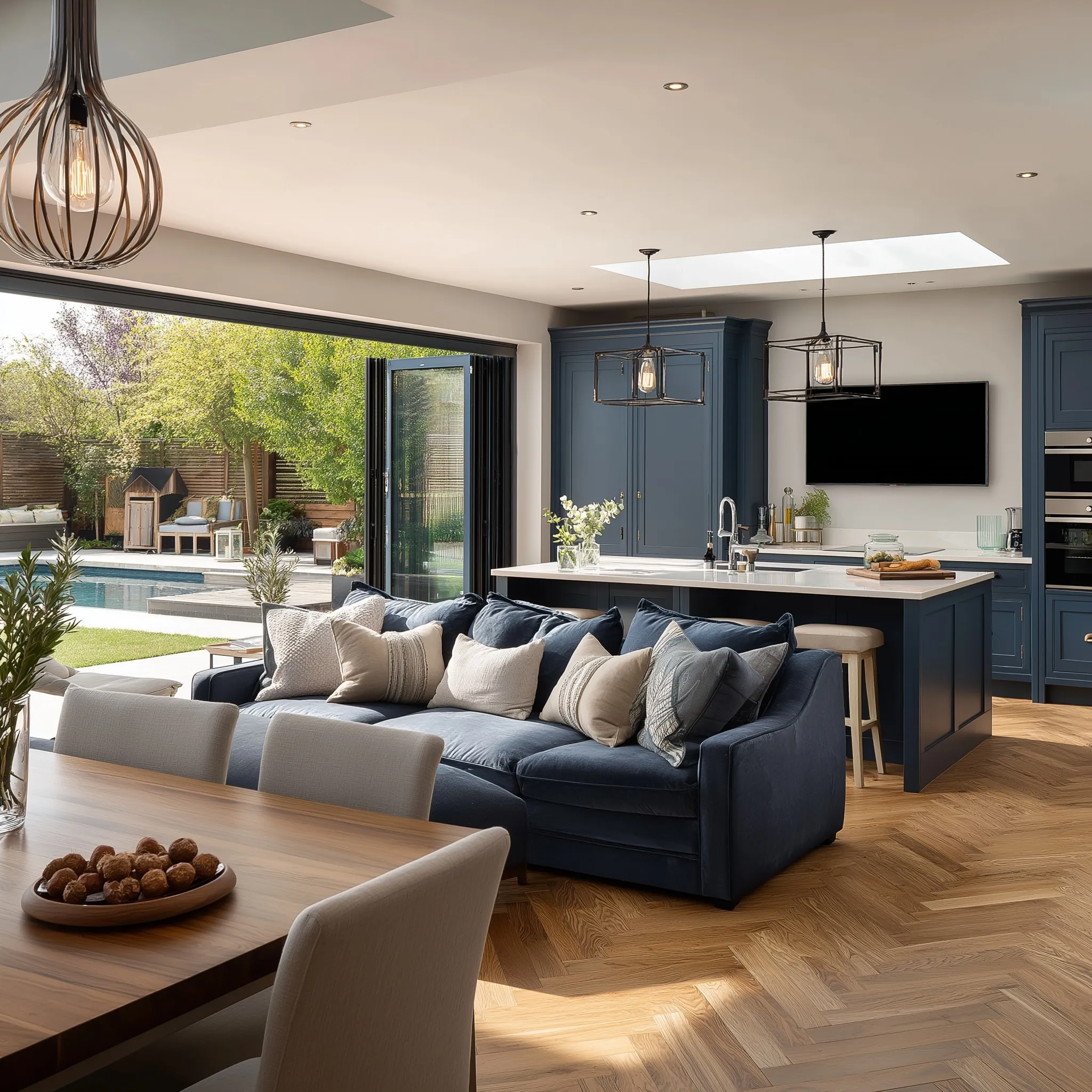 Modern open-plan kitchen, dining, and living room featuring a blue island, media wall, and patio with a swimming pool.