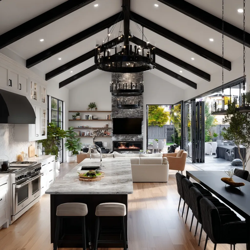 Modern open-concept kitchen and living room with accordion glass walls opening to a luxury backyard pool area.
