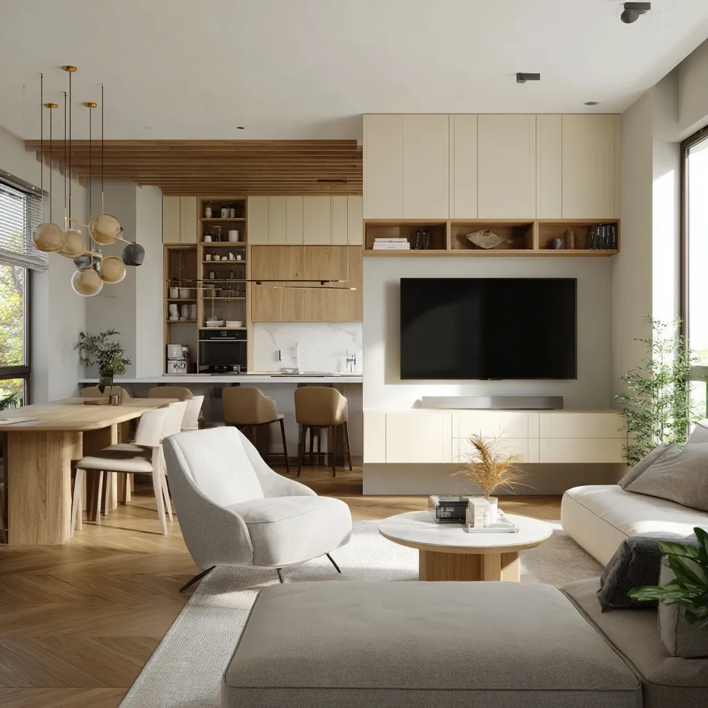 Cozy open-plan modular living room with a kitchen island, dining area, and cream built-in cabinetry.