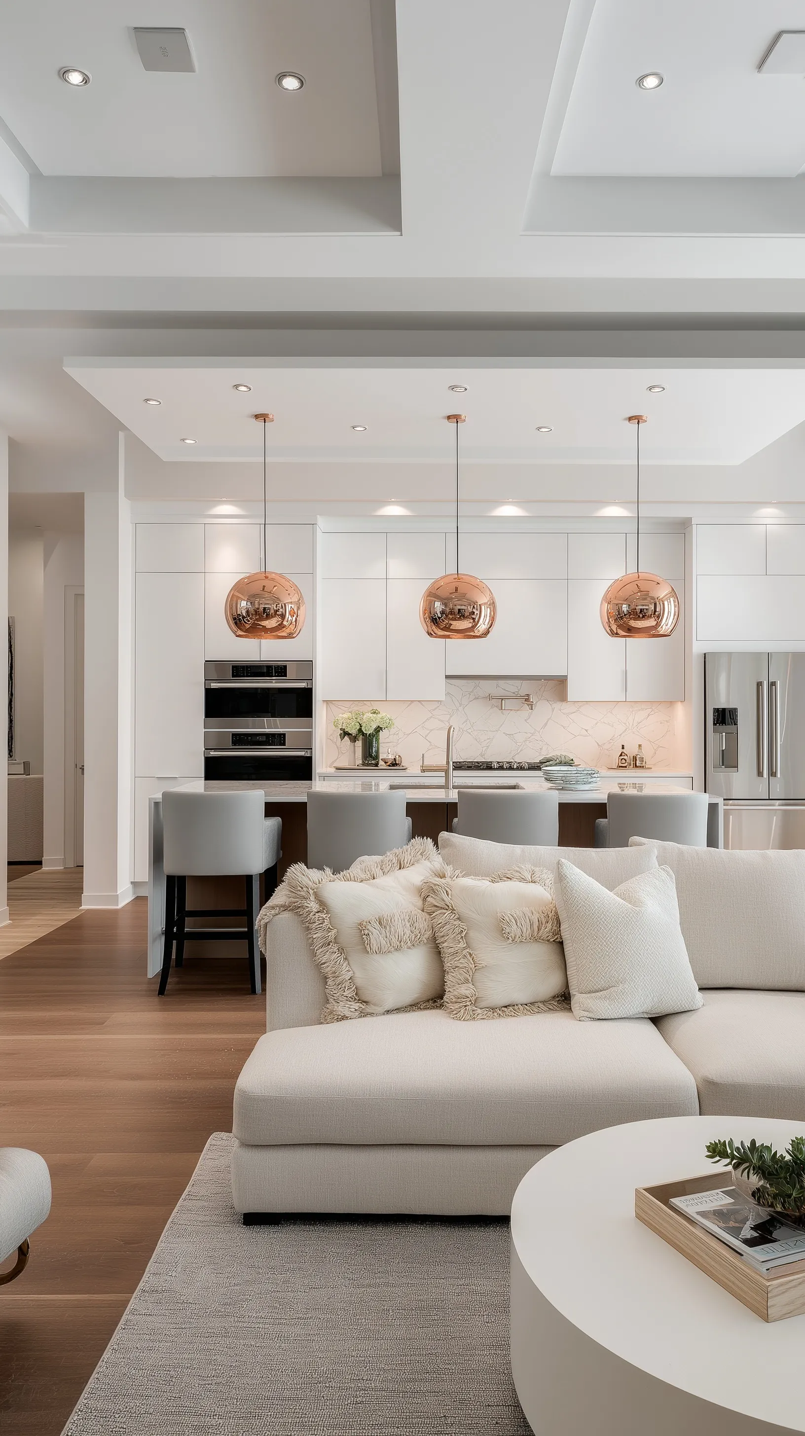 Modern open-concept living room and kitchen with sectional sofa, marble island, and pendant lighting.