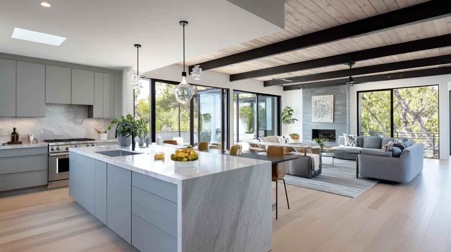 Modern open-concept kitchen with island and light gray cabinets connected to a midcentury living room in morning light.