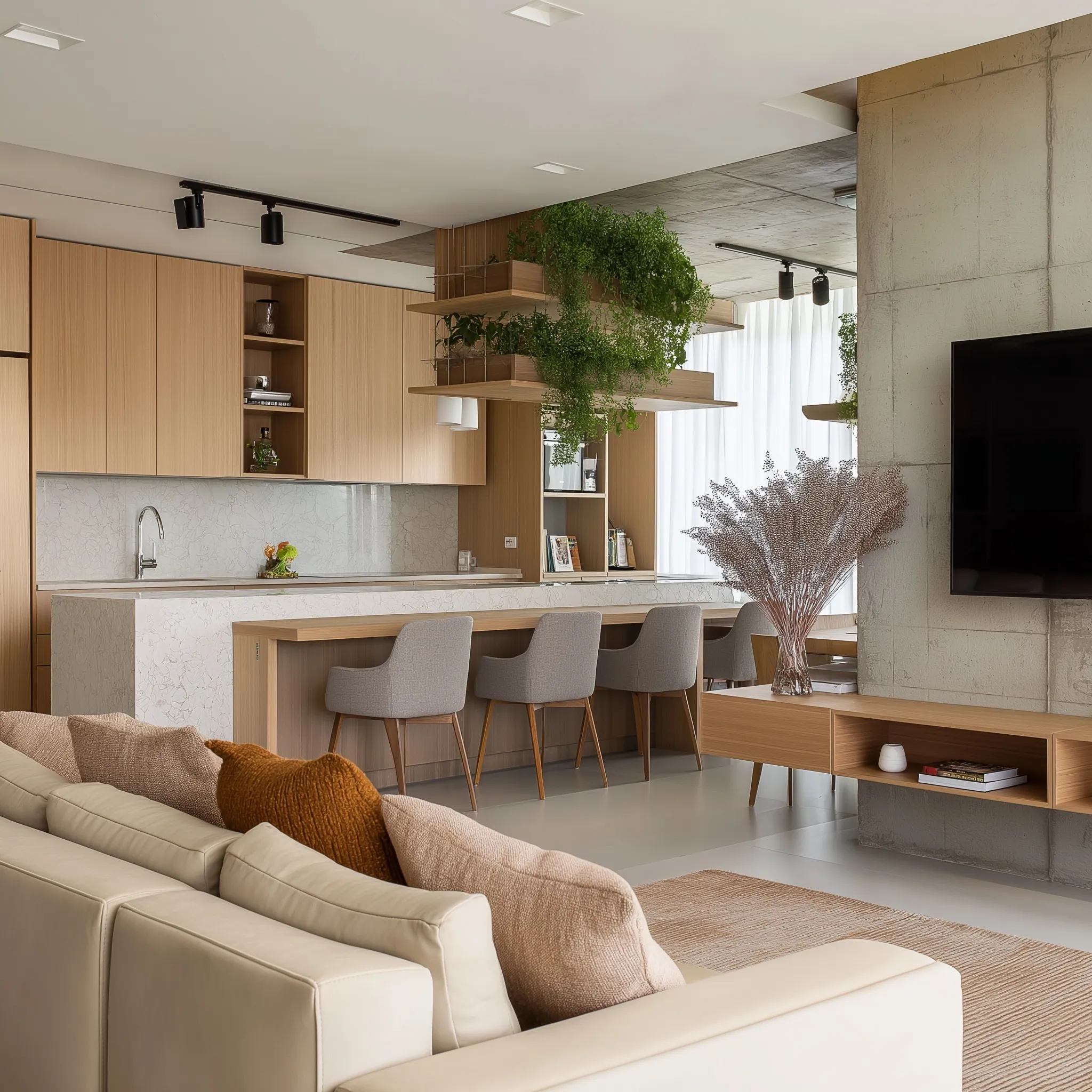 Modern open-concept kitchen and living room with marble countertops, beige sofa, and minimalist wooden decor.