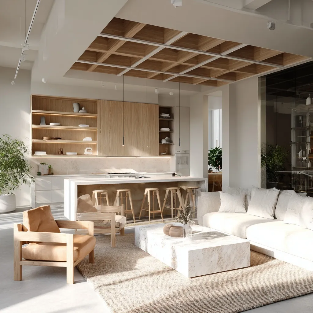 Scandinavian open kitchen and living room with oak wood divider, central island, and cozy neutral linen furniture.