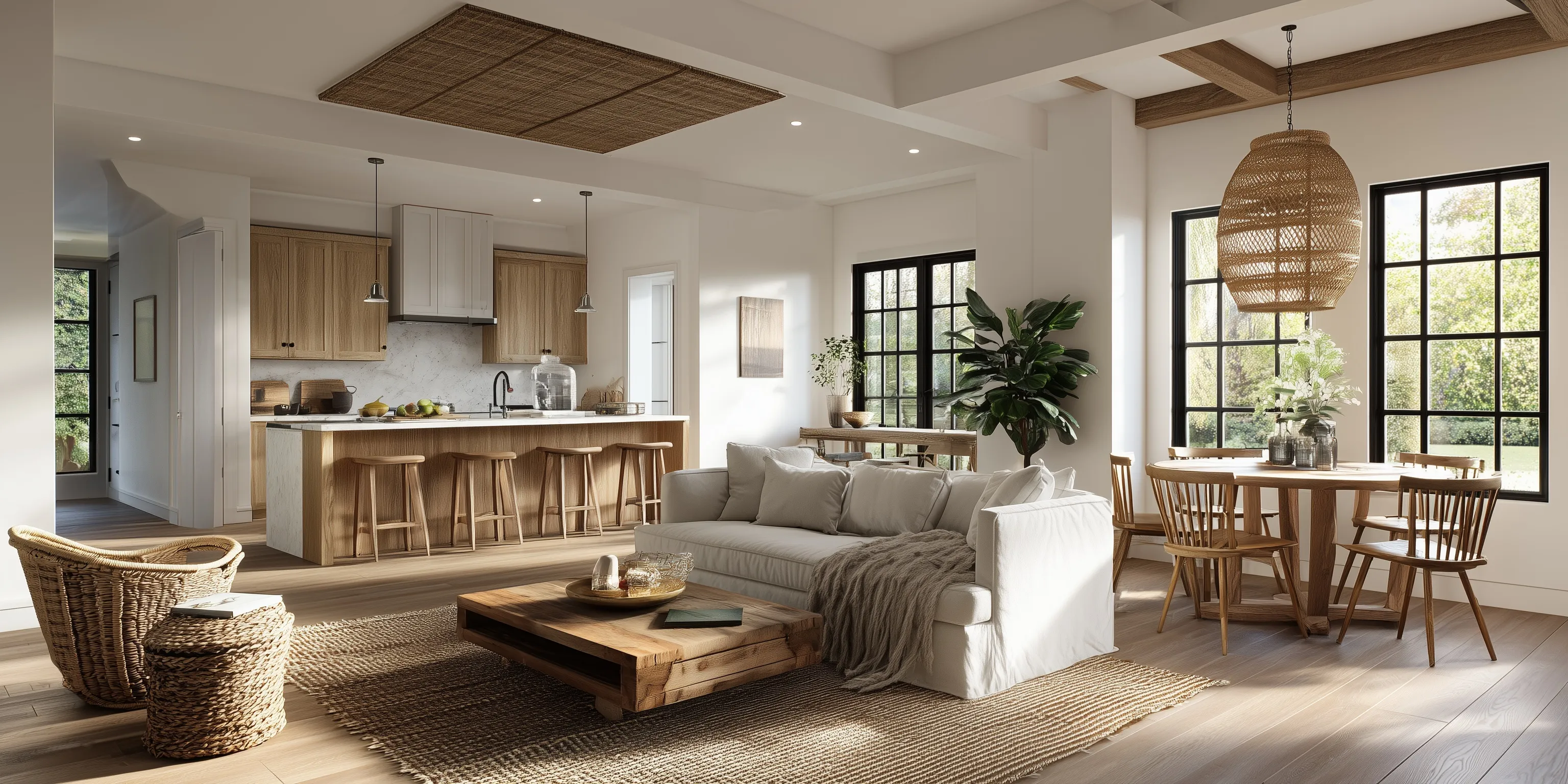 Bright open-concept home interior with a wooden kitchen island, dining table, and cozy living room area.