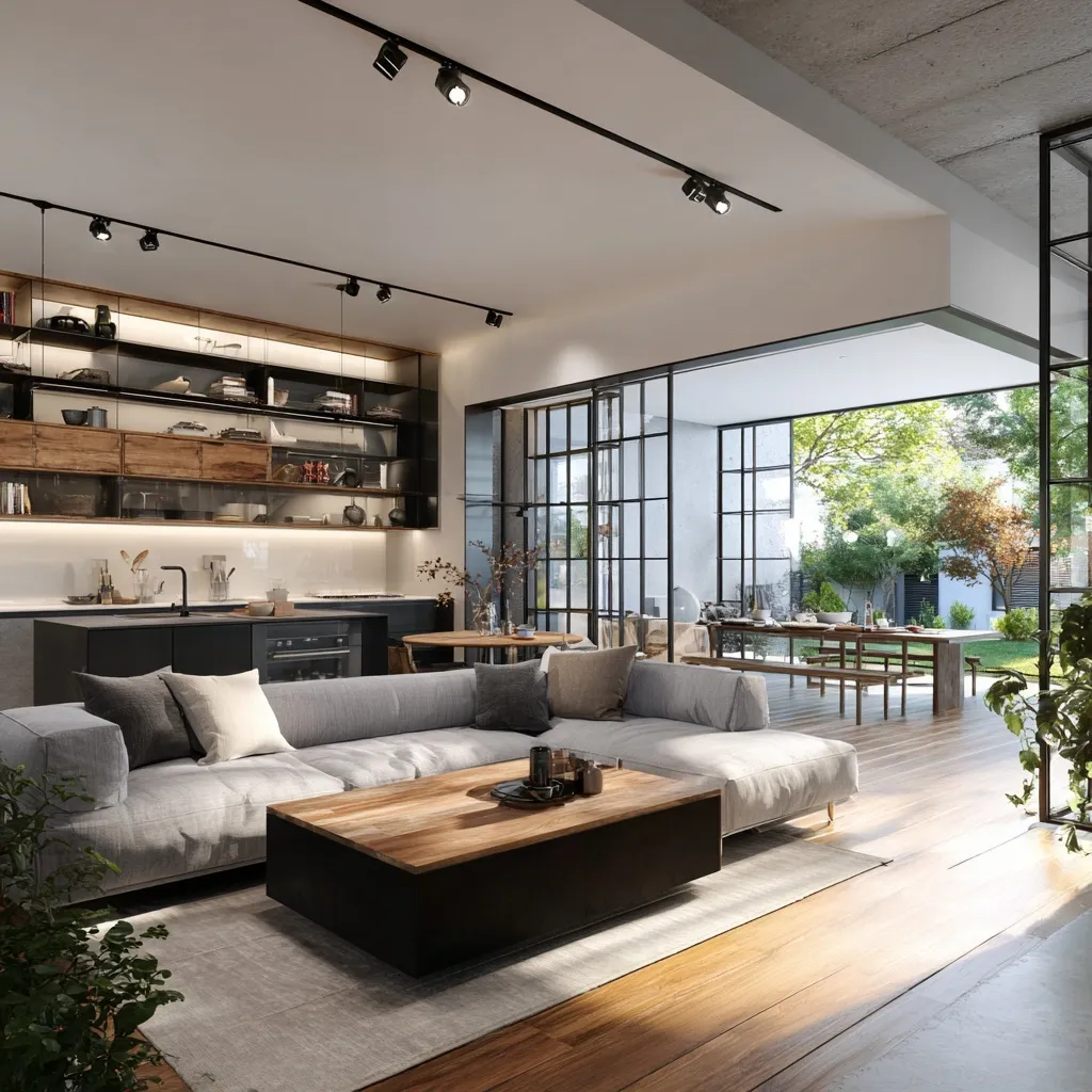 Modern open plan living room and kitchen with flexible sliding partitions and interconnected zones.