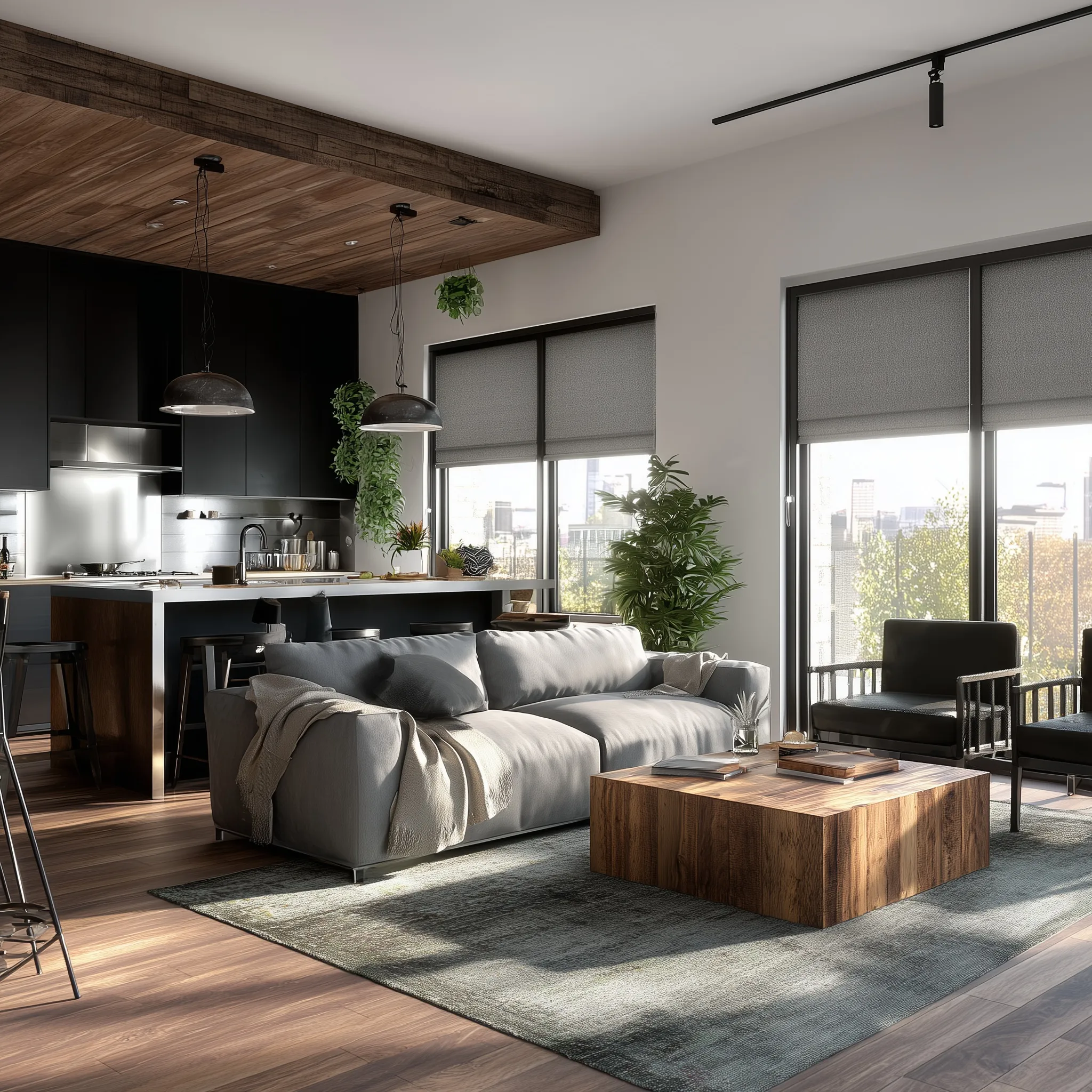 Modern industrial open kitchen and living room with island, grey sofa, and Tel Aviv skyline view through windows.