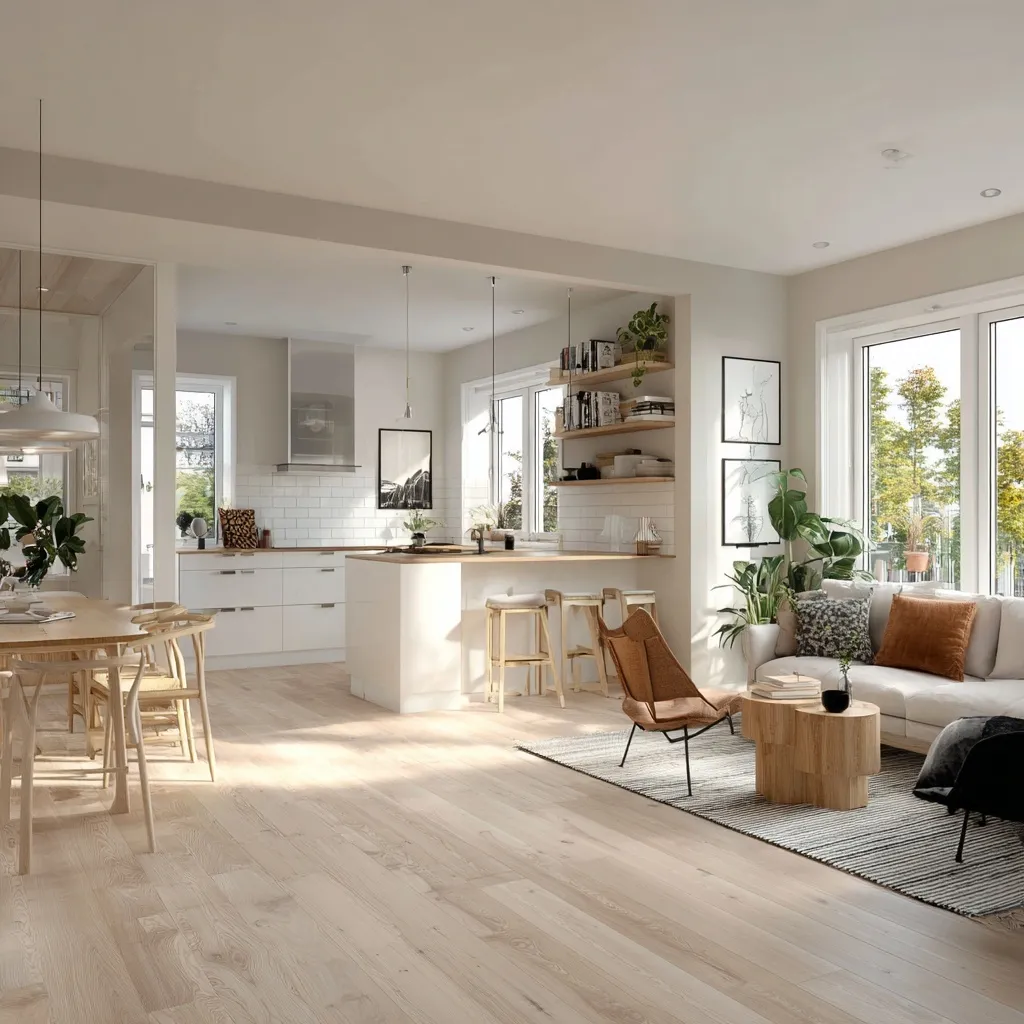 Modern Scandinavian open-plan kitchen and living room with light wood floors and minimalist Nordic interior design.